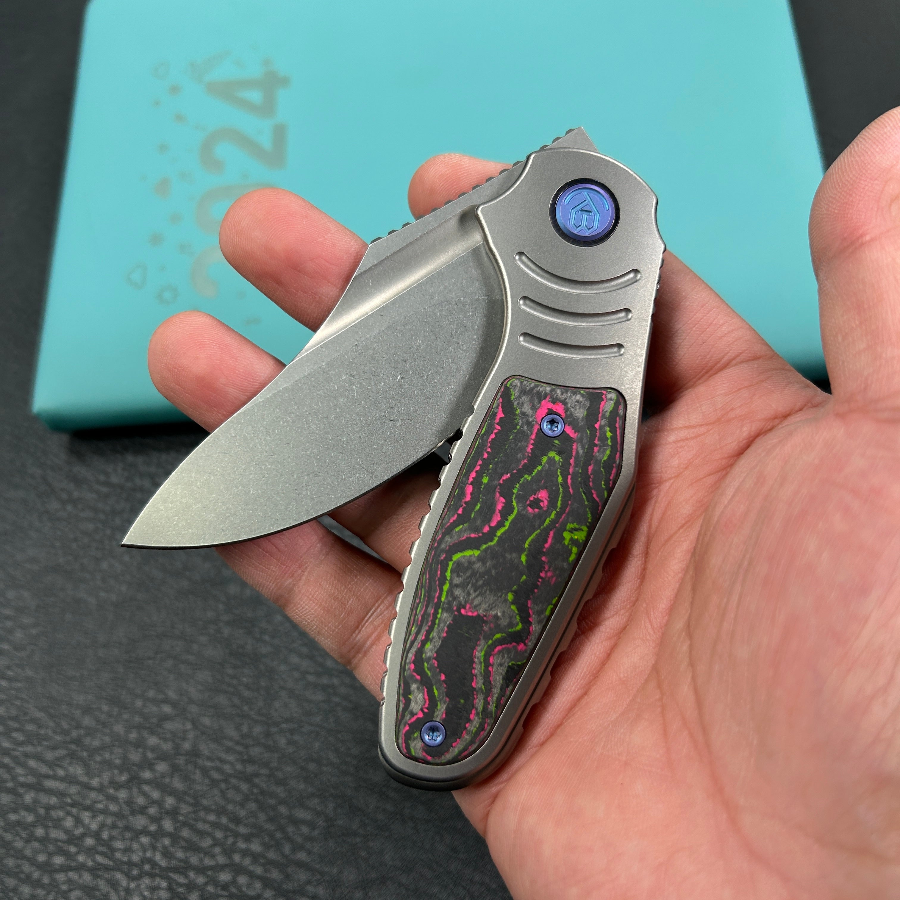 KB Knives KB384A Stroller  Folding Knife Gray Titanium/CF Inlays Handle 3.35”Stonewash CPM 20CV Blade