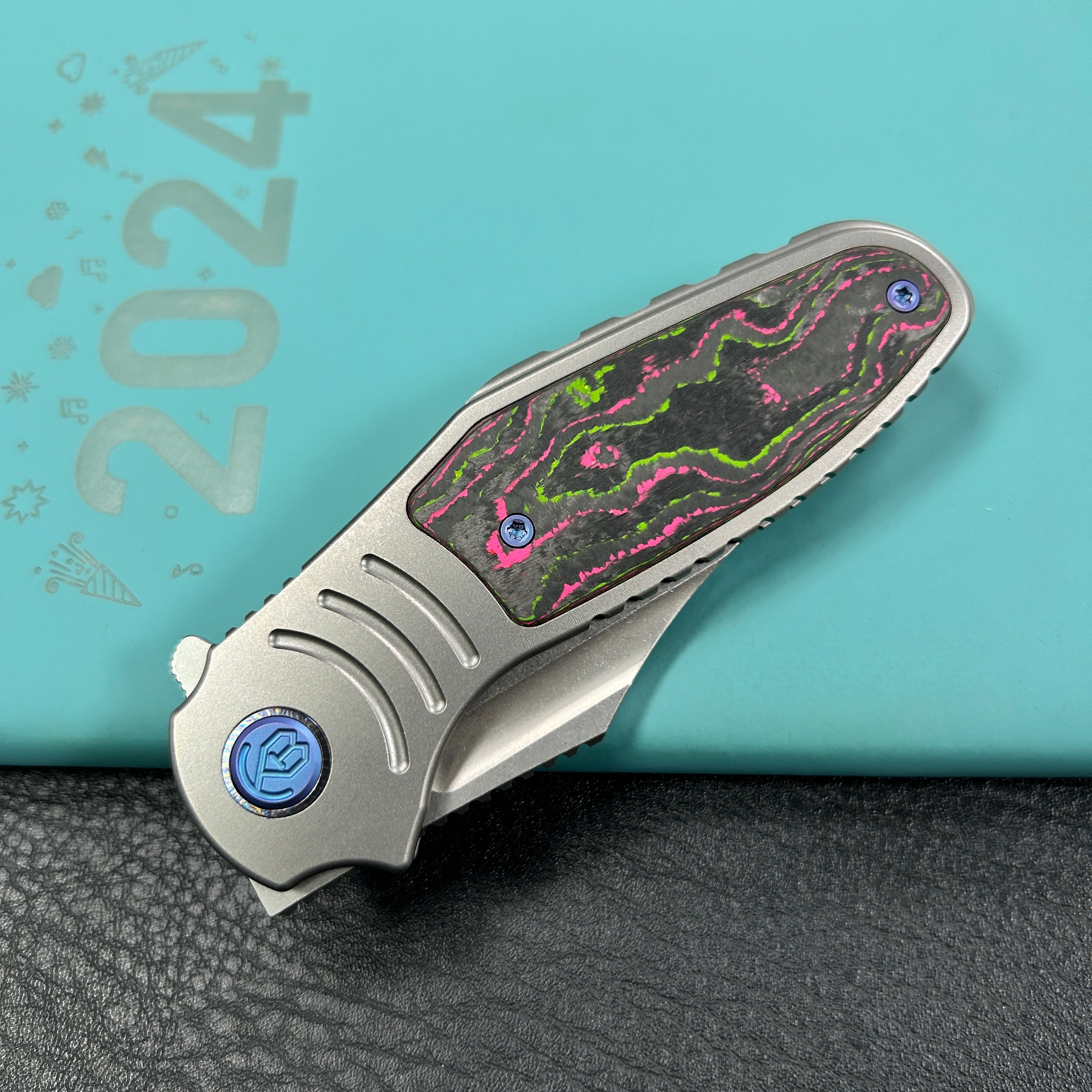 KB Knives KB384A Stroller  Folding Knife Gray Titanium/CF Inlays Handle 3.35”Stonewash CPM 20CV Blade