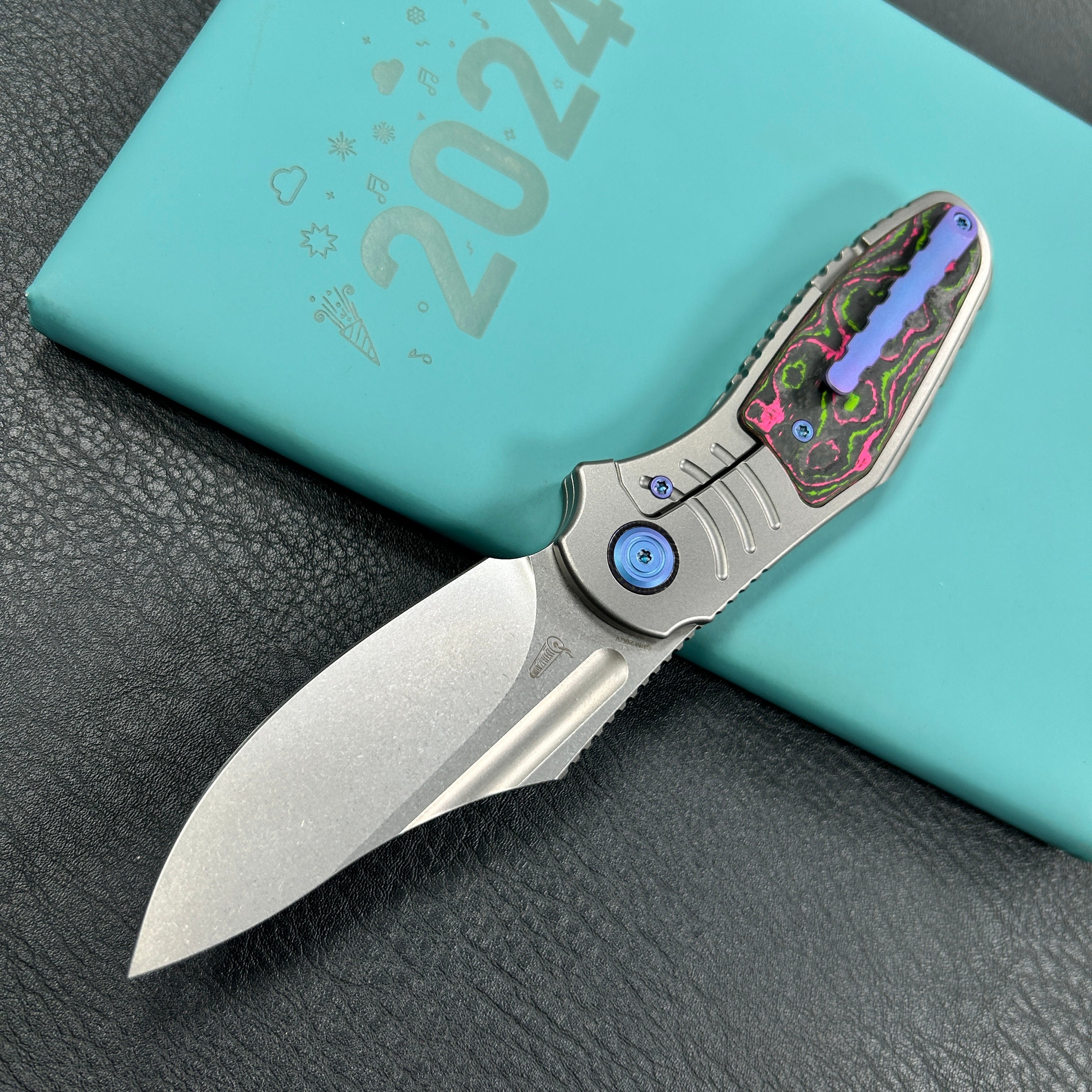 KB Knives KB384A Stroller  Folding Knife Gray Titanium/CF Inlays Handle 3.35”Stonewash CPM 20CV Blade