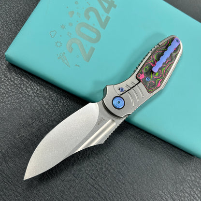 KB Knives KB384A Stroller  Folding Knife Gray Titanium/CF Inlays Handle 3.35”Stonewash CPM 20CV Blade
