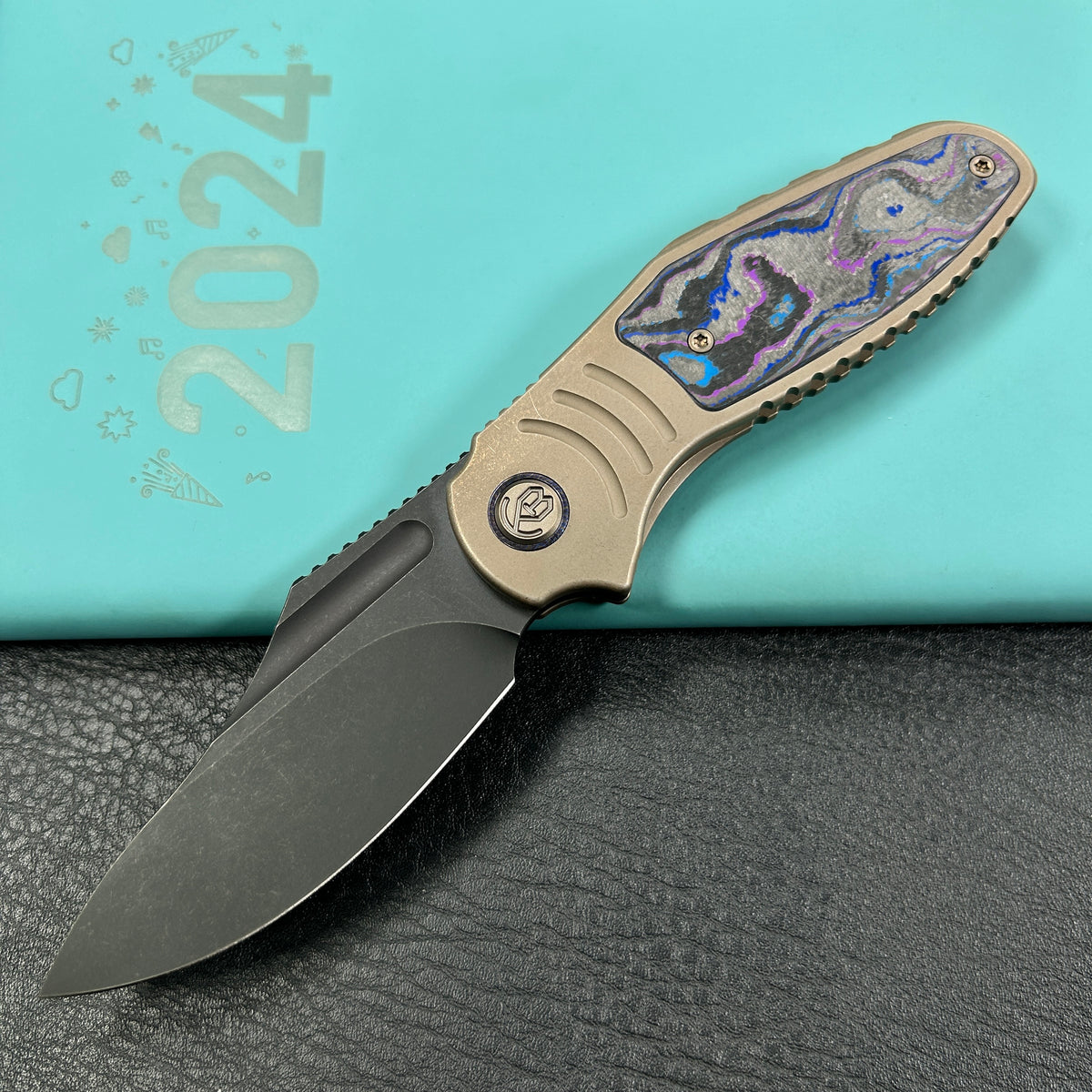 KB Knives KB384C Stroller Folding Knife Bronze Titanium/CF Inlays Handle 3.35" Blackwash CPM 20CV Blade