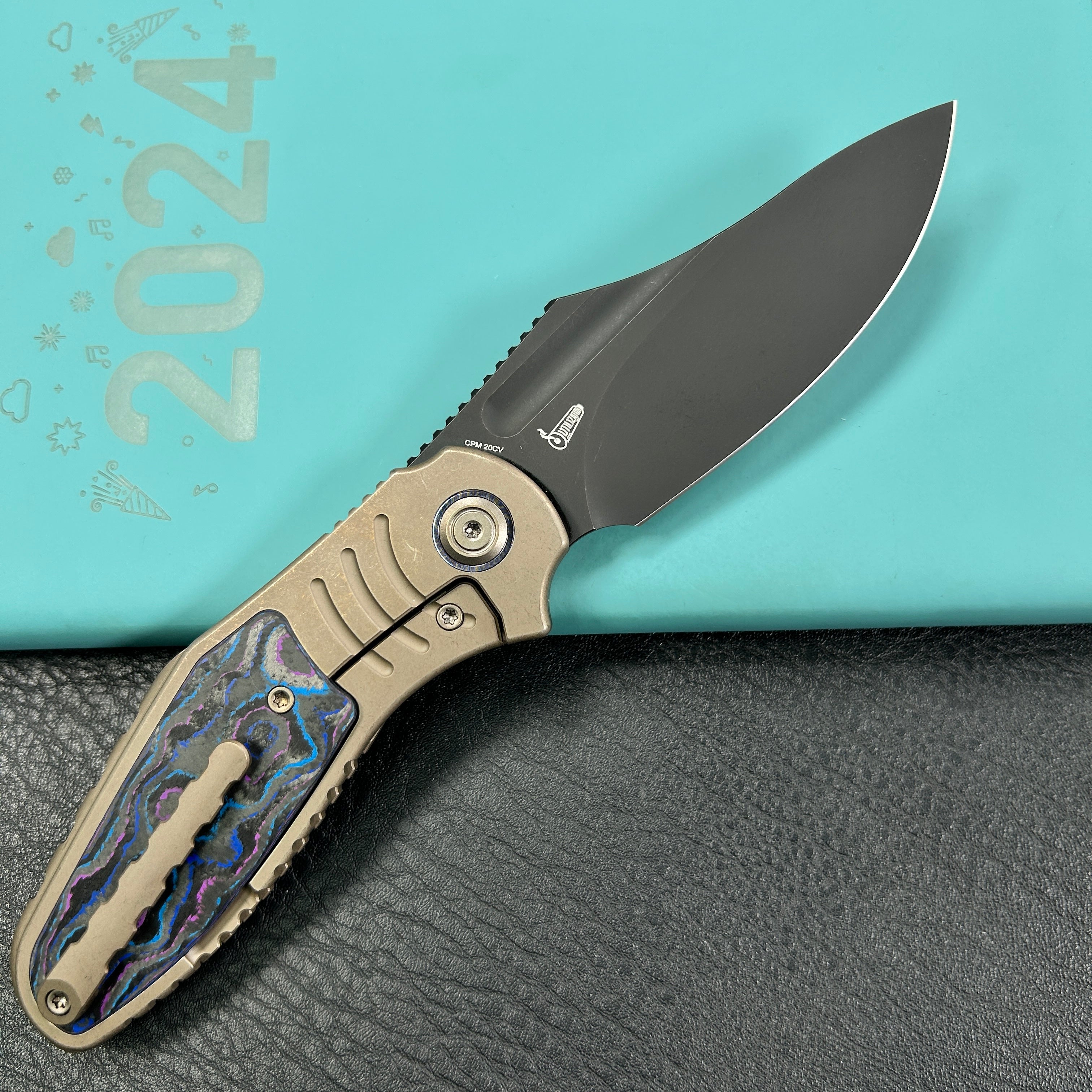 KB Knives KB384C Stroller Folding Knife Bronze Titanium/CF Inlays Handle 3.35" Blackwash CPM 20CV Blade