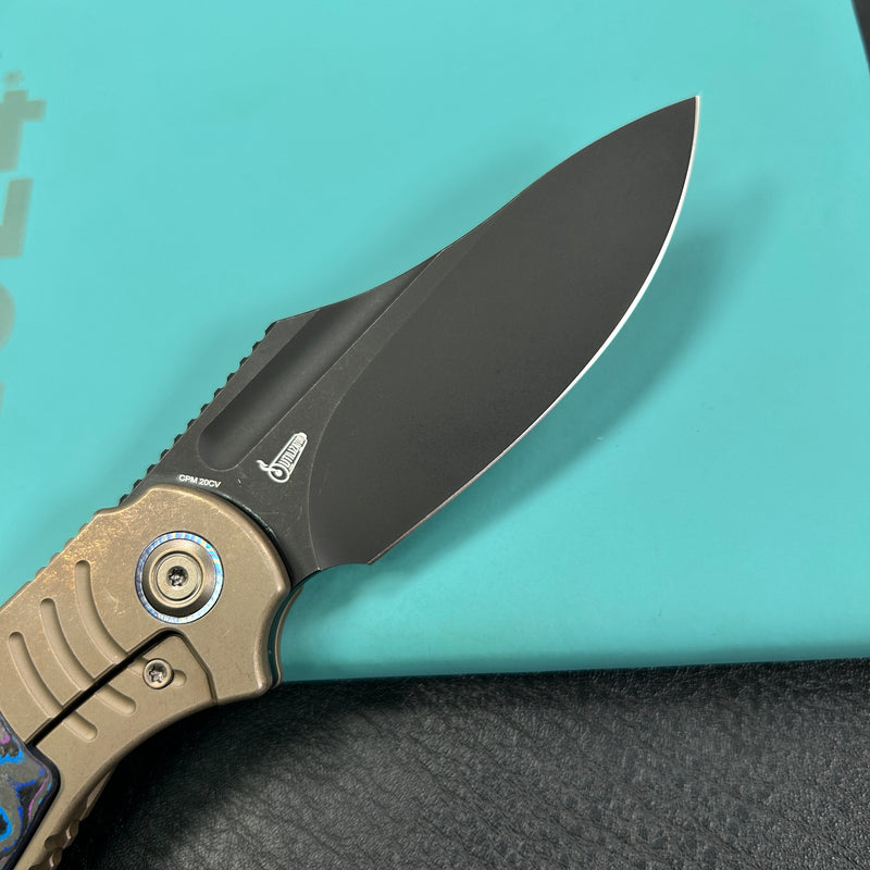 KB Knives KB384C Stroller Folding Knife Bronze Titanium/CF Inlays Handle 3.35" Blackwash CPM 20CV Blade