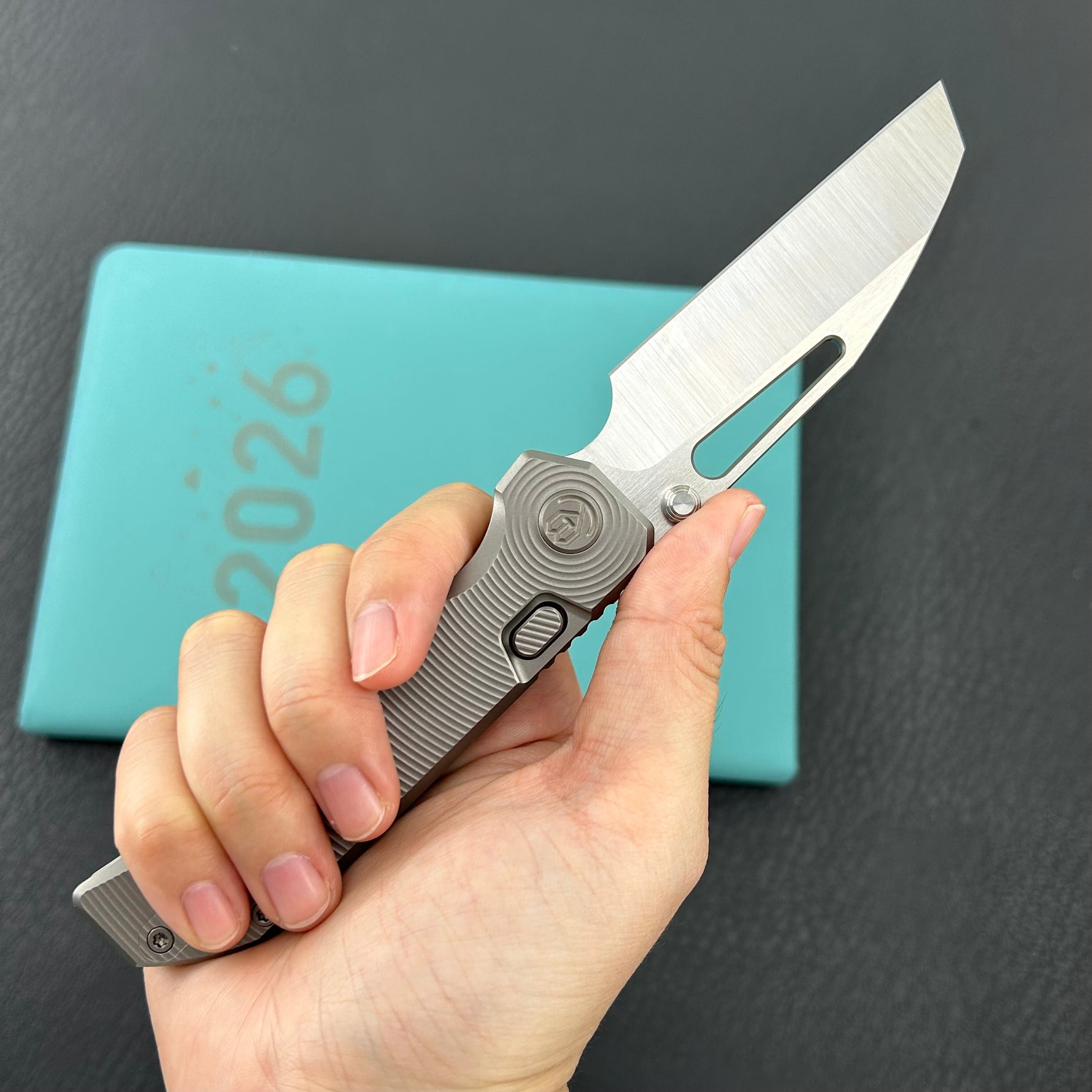 KB KNIVES KB435A-1 Venom Top Liner Lock Pocket Folding Knife Sandblast Titanium w/ Radial Milling 3.46" Belt Satin CPM S90V Blade