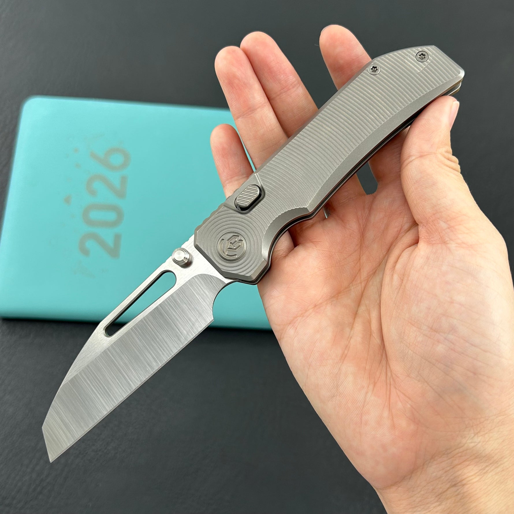 KB KNIVES KB435A-1 Venom Top Liner Lock Pocket Folding Knife Sandblast Titanium w/ Radial Milling 3.46" Belt Satin CPM S90V Blade