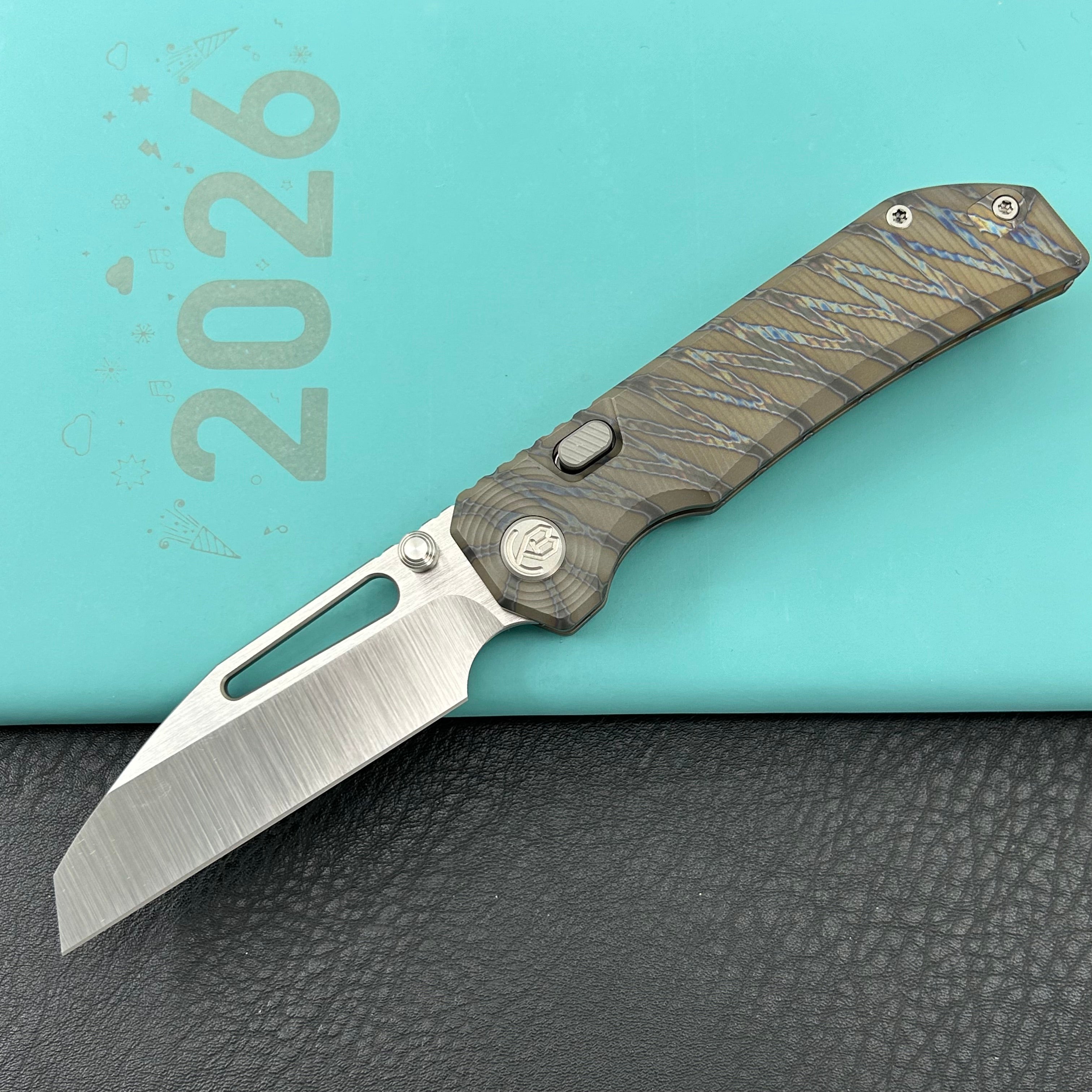 KB KNIVES KB435B-1 Venom Top Liner Lock Pocket Folding Knife Flame Ano Titanium w/ Radial Milling 3.46" Belt Satin CPM S90V Blade