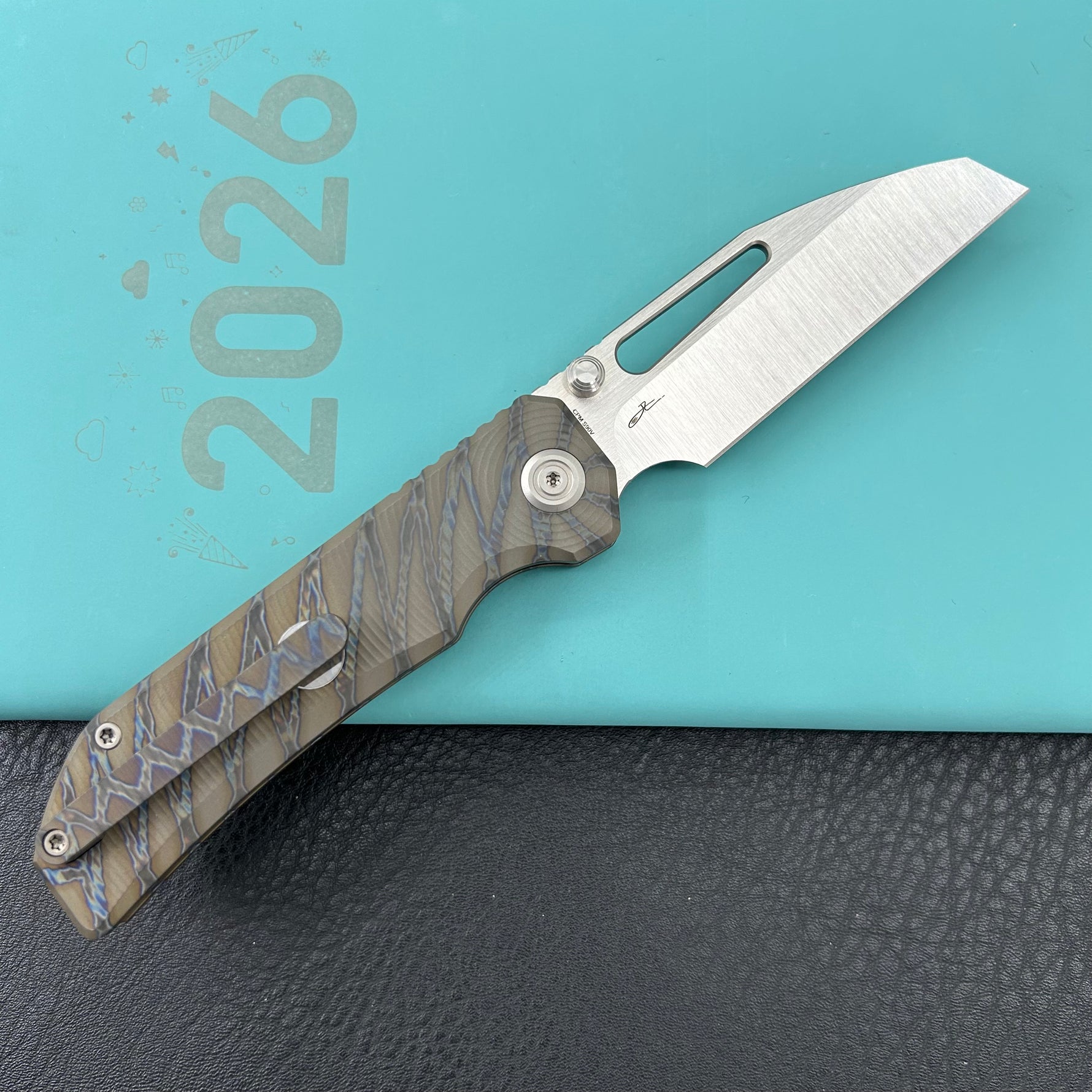 KB KNIVES KB435B-1 Venom Top Liner Lock Pocket Folding Knife Flame Ano Titanium w/ Radial Milling 3.46" Belt Satin CPM S90V Blade