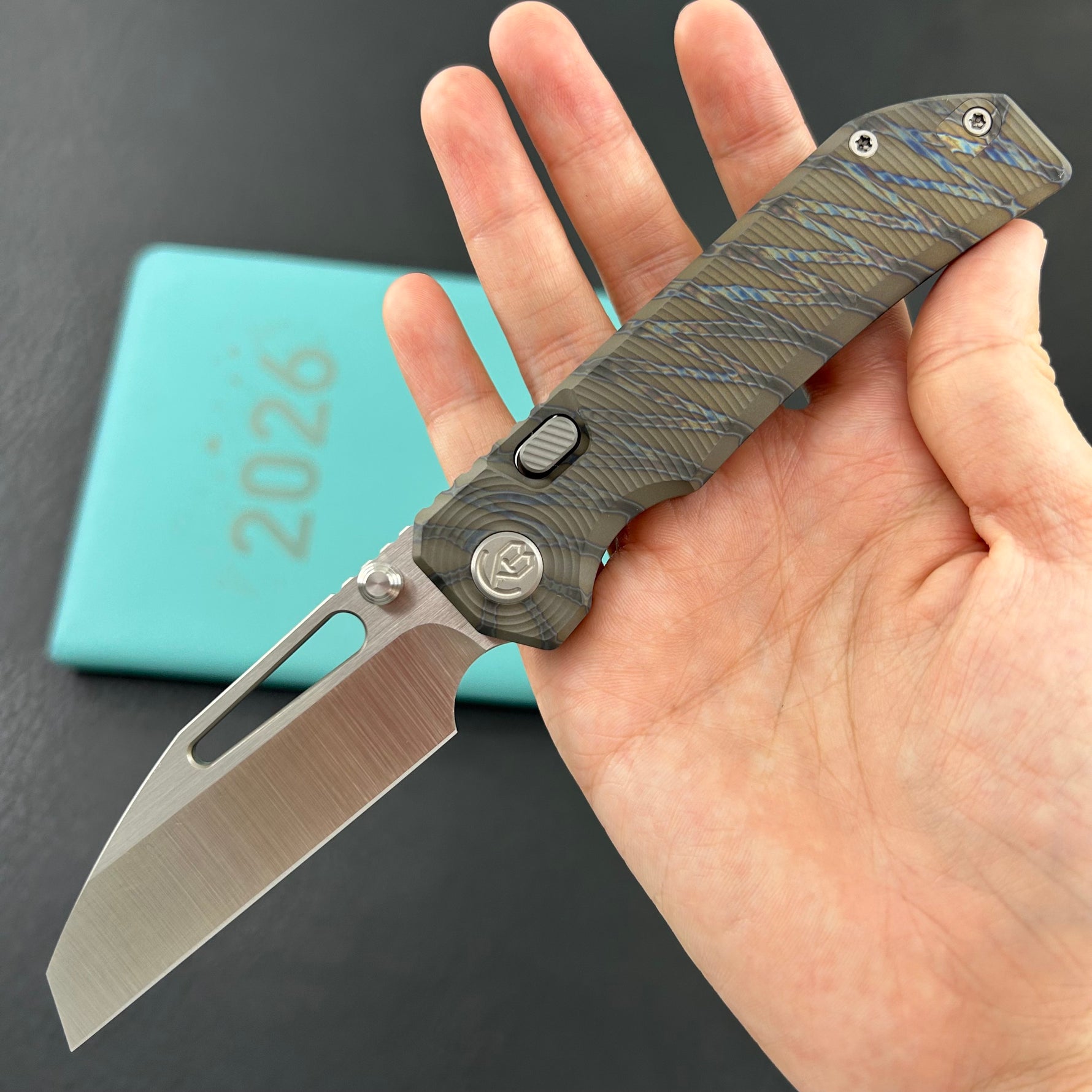 KB KNIVES KB435B-1 Venom Top Liner Lock Pocket Folding Knife Flame Ano Titanium w/ Radial Milling 3.46" Belt Satin CPM S90V Blade