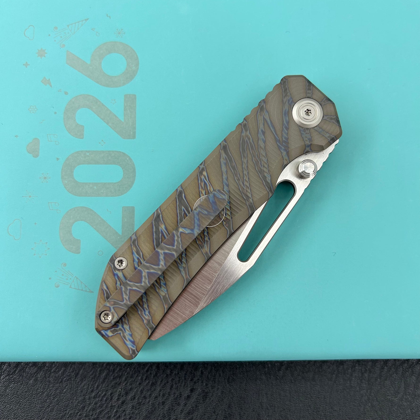 KB KNIVES KB435B-1 Venom Top Liner Lock Pocket Folding Knife Flame Ano Titanium w/ Radial Milling 3.46" Belt Satin CPM S90V Blade