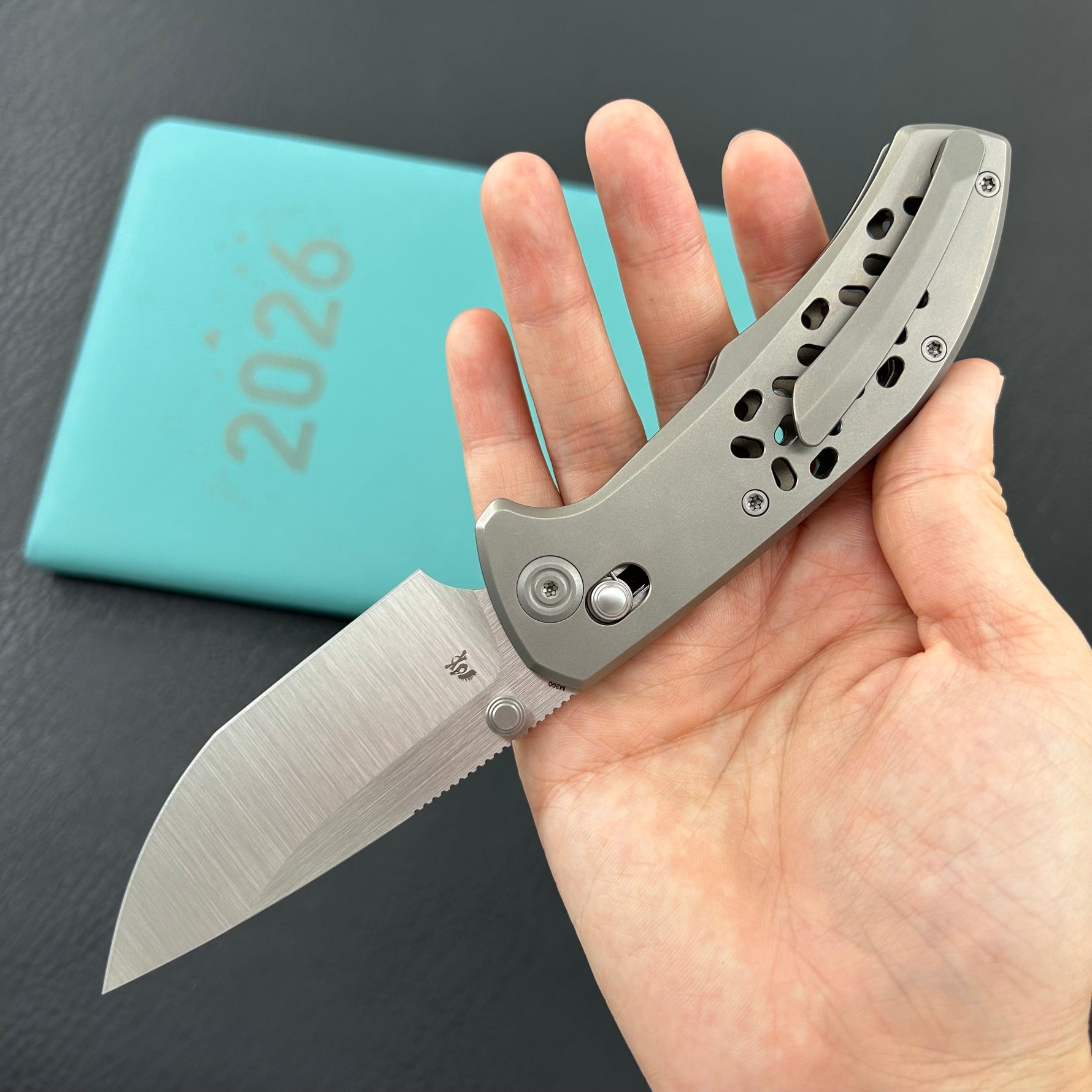 KB KNIVES KB326A Trillium Folding Knife Grey Titanium Handle 3.11'' Belt Satin M390 Blade