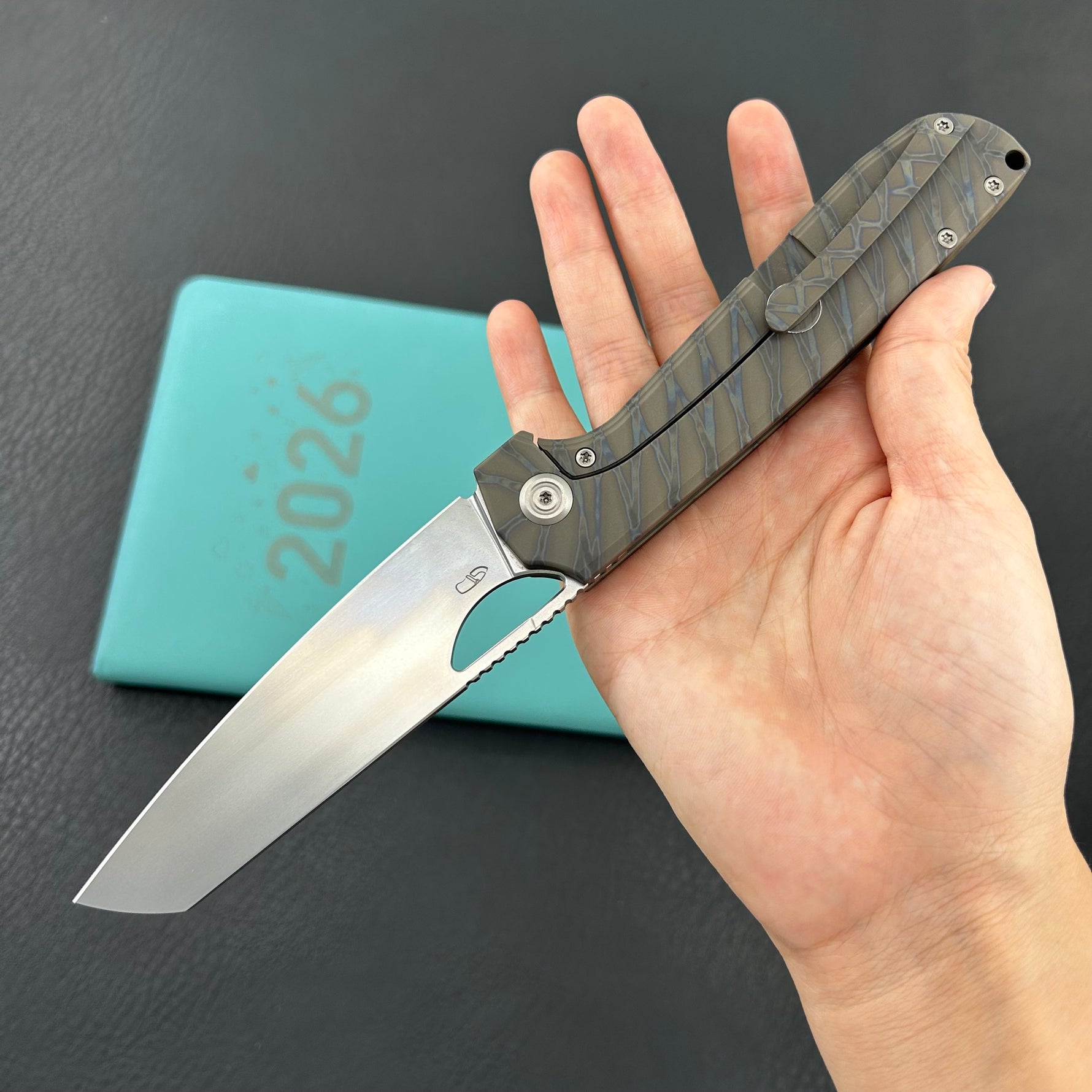 KB KNIVES KB339B Elang Frame Lock Folding Knife Flamed Titanium Handle 3.86" Silver Bead Blast S35VN Blade