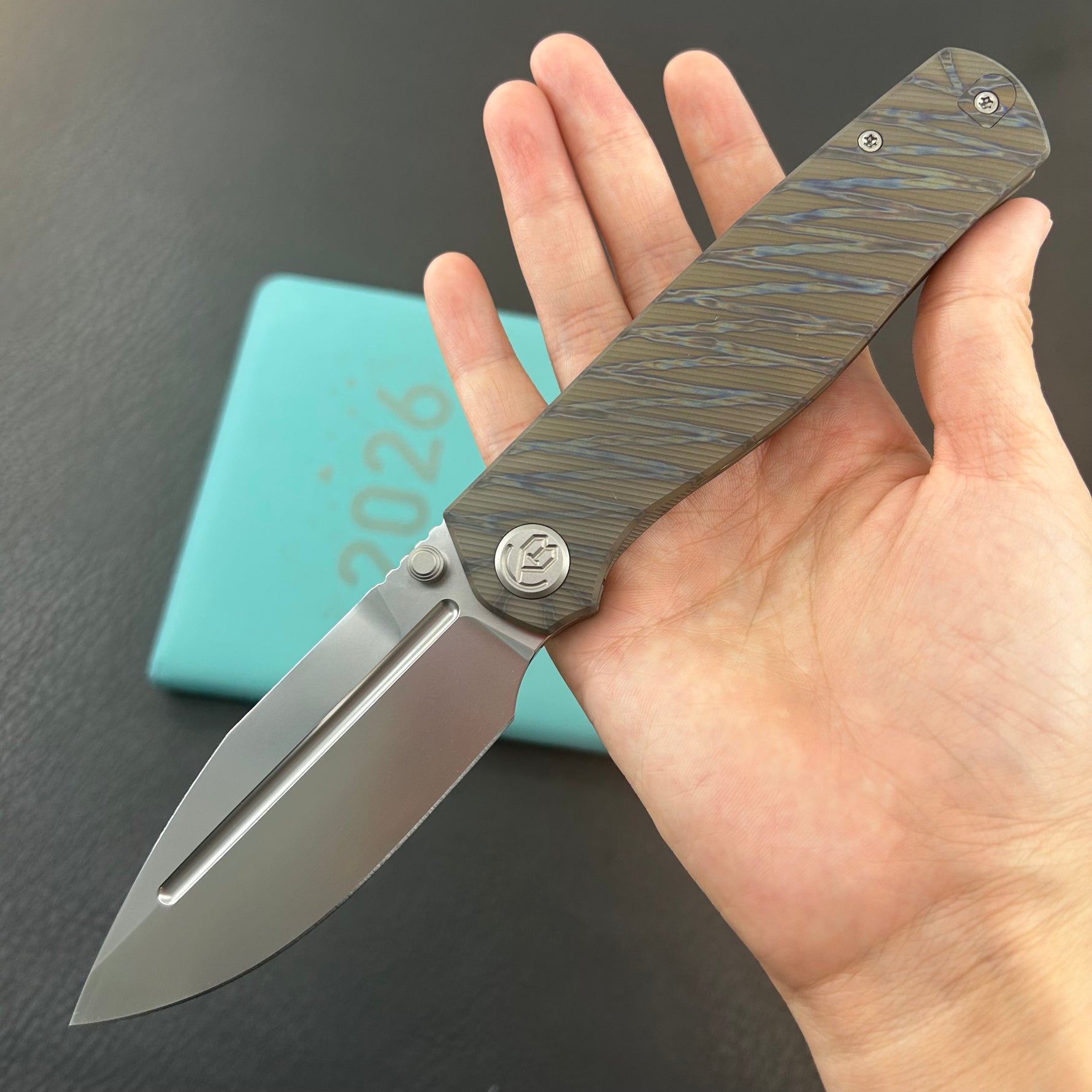B KNIVES KB471B Albatross Tactical Folding Knife Flamed Titanium with Micro Milling 3.74" Silver Beadblast M390