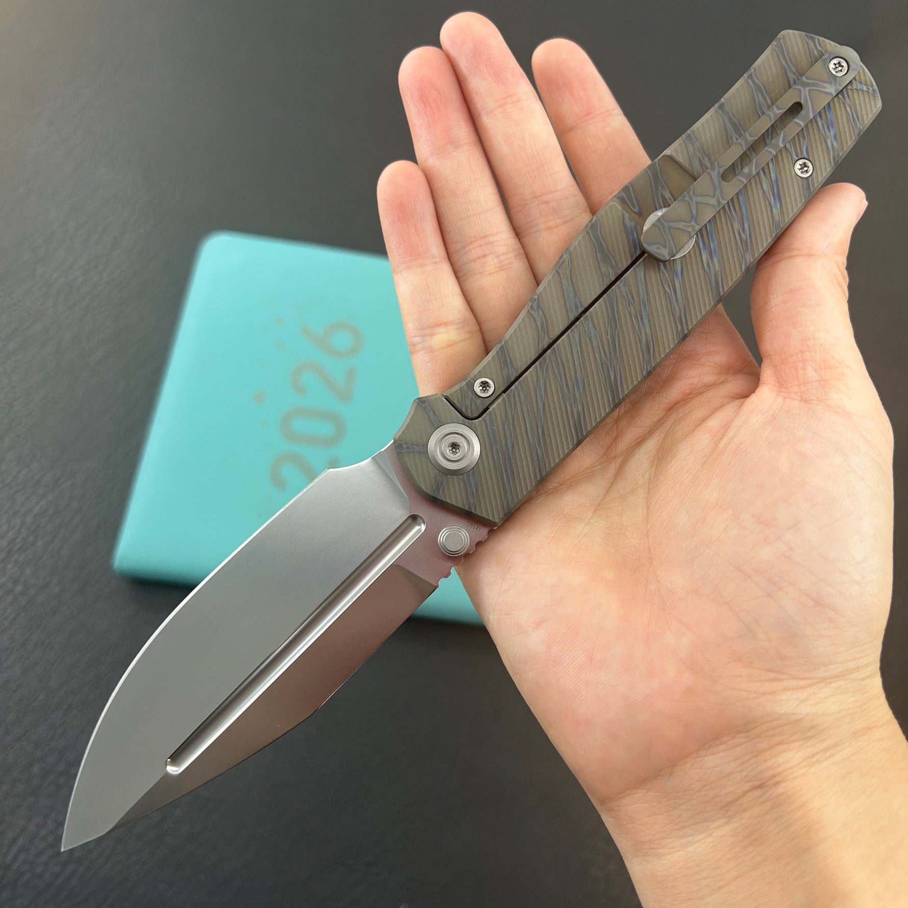 B KNIVES KB471B Albatross Tactical Folding Knife Flamed Titanium with Micro Milling 3.74" Silver Beadblast M390