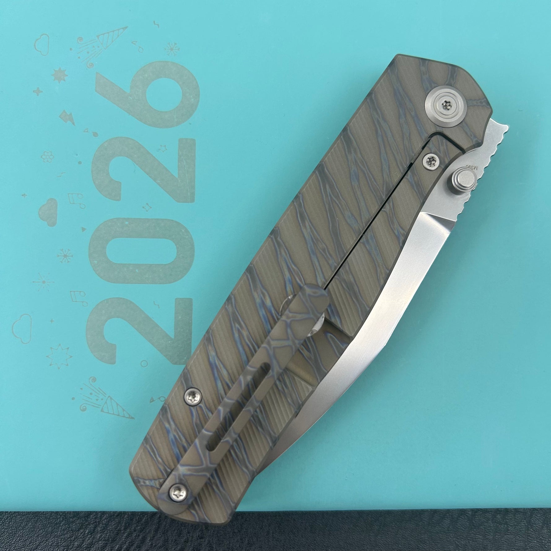 B KNIVES KB471B Albatross Tactical Folding Knife Flamed Titanium with Micro Milling 3.74" Silver Beadblast M390