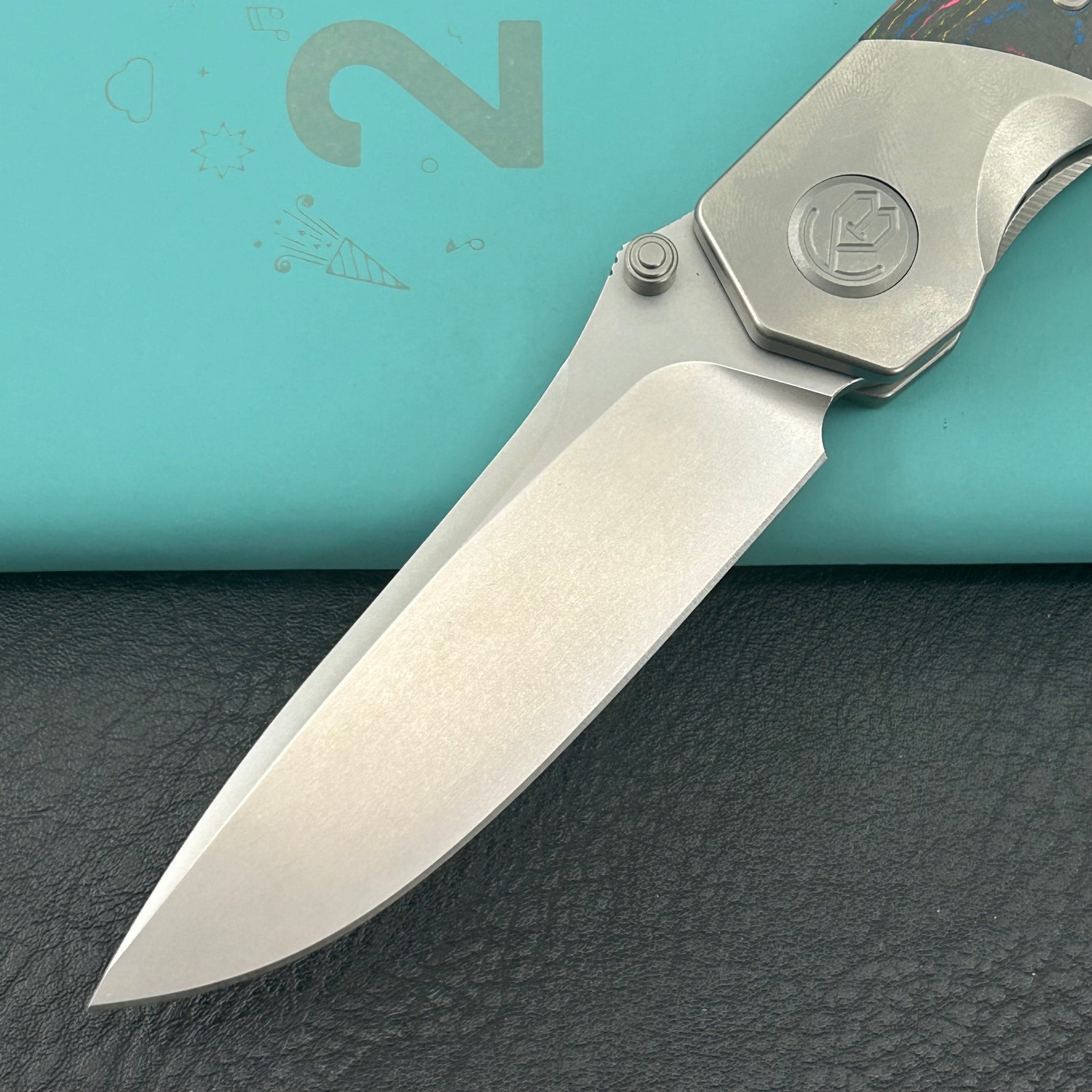 KB KNIVES KB266A Velvet Snake Folding Knife Stonewash Titanium with Watermelon Sugar Camo Carbon inlay Handle 3.35'' Stonewash M390 Blade