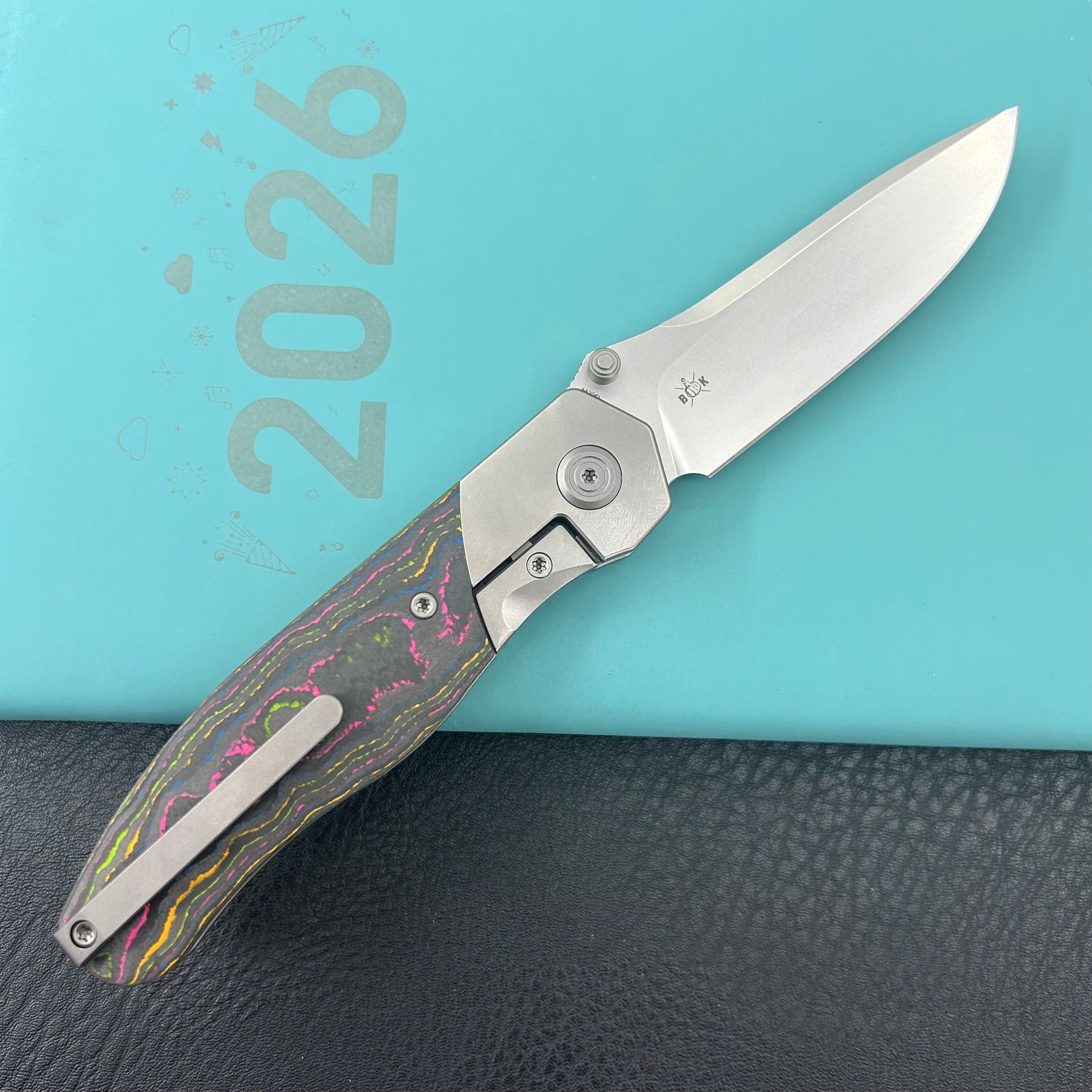 KB KNIVES KB266A Velvet Snake Folding Knife Stonewash Titanium with Watermelon Sugar Camo Carbon inlay Handle 3.35'' Stonewash M390 Blade