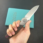 KB KNIVES KB266A Velvet Snake Folding Knife Stonewash Titanium with Watermelon Sugar Camo Carbon inlay Handle 3.35'' Stonewash M390 Blade