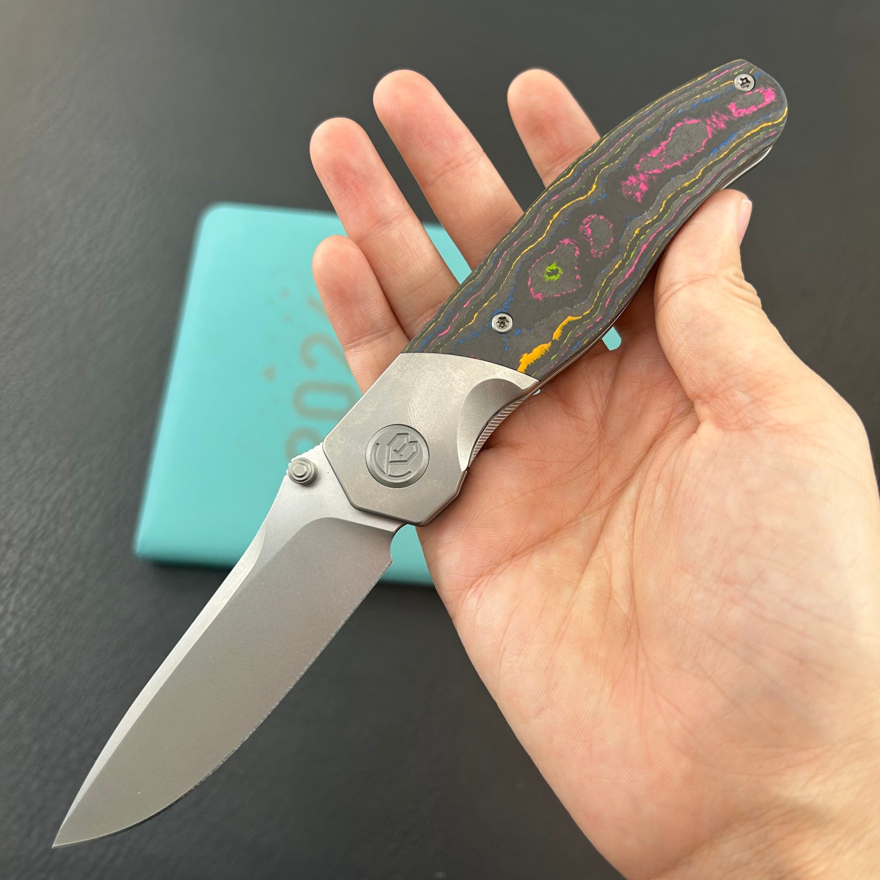 KB KNIVES KB266A Velvet Snake Folding Knife Stonewash Titanium with Watermelon Sugar Camo Carbon inlay Handle 3.35'' Stonewash M390 Blade