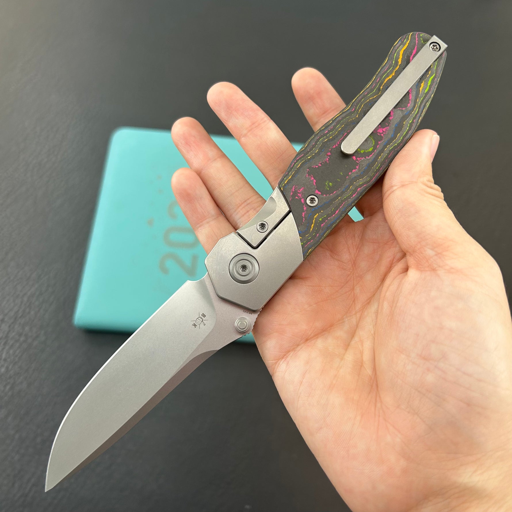 KB KNIVES KB266A Velvet Snake Folding Knife Stonewash Titanium with Watermelon Sugar Camo Carbon inlay Handle 3.35'' Stonewash M390 Blade
