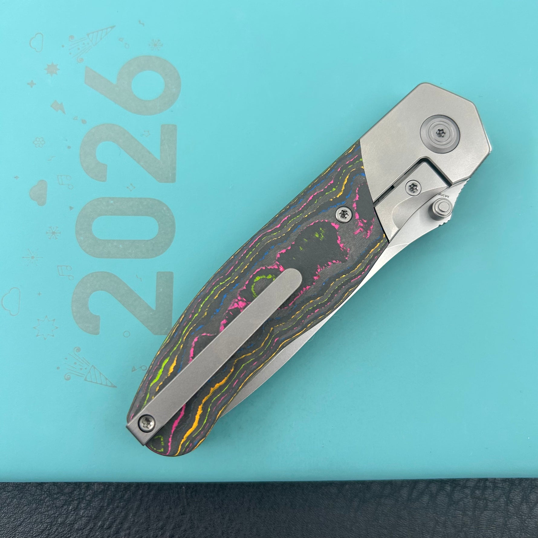 KB KNIVES KB266A Velvet Snake Folding Knife Stonewash Titanium with Watermelon Sugar Camo Carbon inlay Handle 3.35'' Stonewash M390 Blade