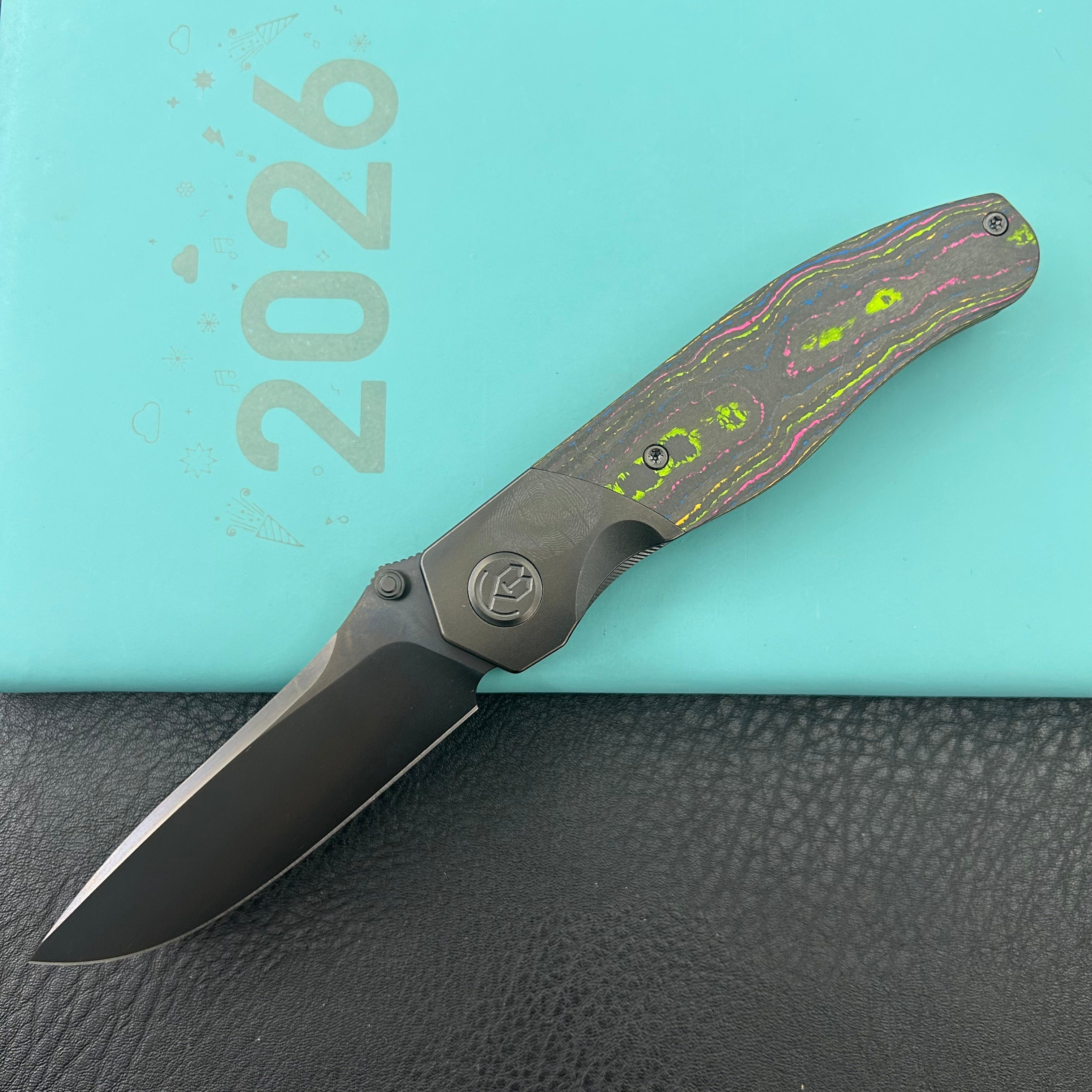 KB KNIVES KB266C Velvet Snake Folding Knife Regular DLC Titanium with Watermelon Sugar Camo Carbon inlay Handle 3.35'' Regular DLC M390 Blade
