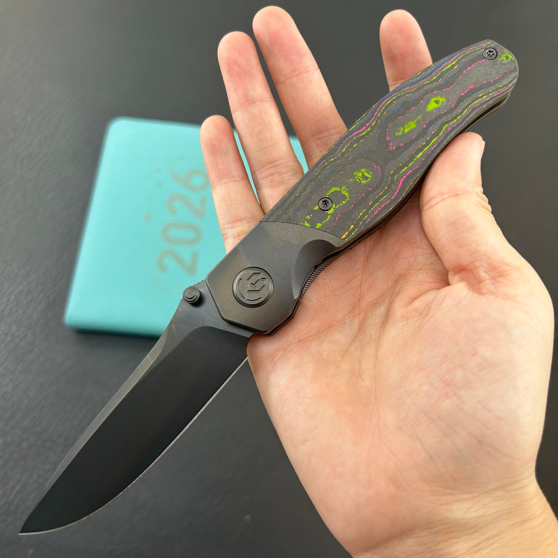 KB KNIVES KB266C Velvet Snake Folding Knife Regular DLC Titanium with Watermelon Sugar Camo Carbon inlay Handle 3.35'' Regular DLC M390 Blade