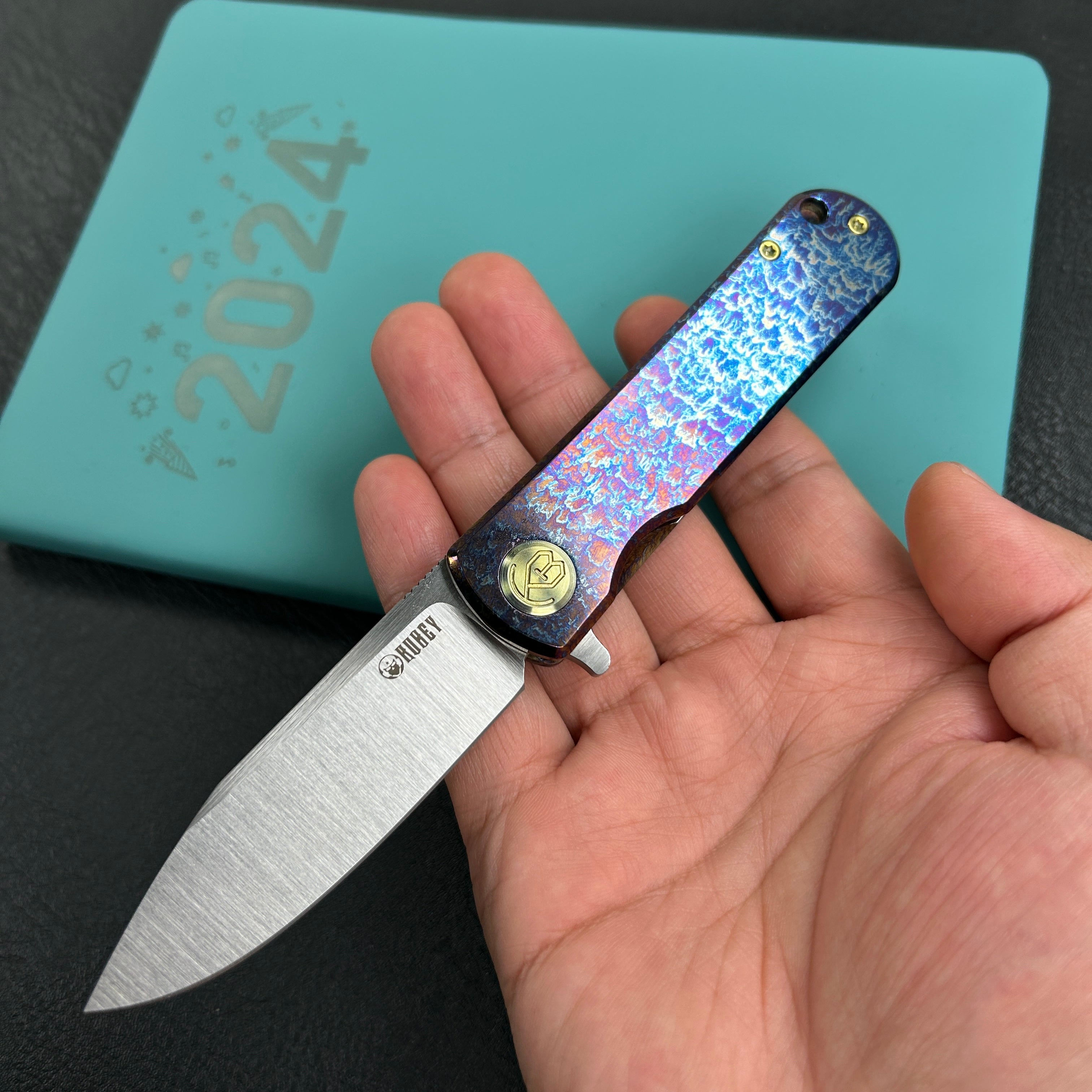 KUBEY KB359  NEO Flipper Folding Pocket Knife Flame Titanium Custom Titanium Mayhem Finish Handle  2.99" Belt Satin S35VN Blade