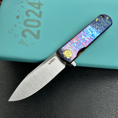 KUBEY KB359  NEO Flipper Folding Pocket Knife Flame Titanium Custom Titanium Mayhem Finish Handle  2.99" Belt Satin S35VN Blade