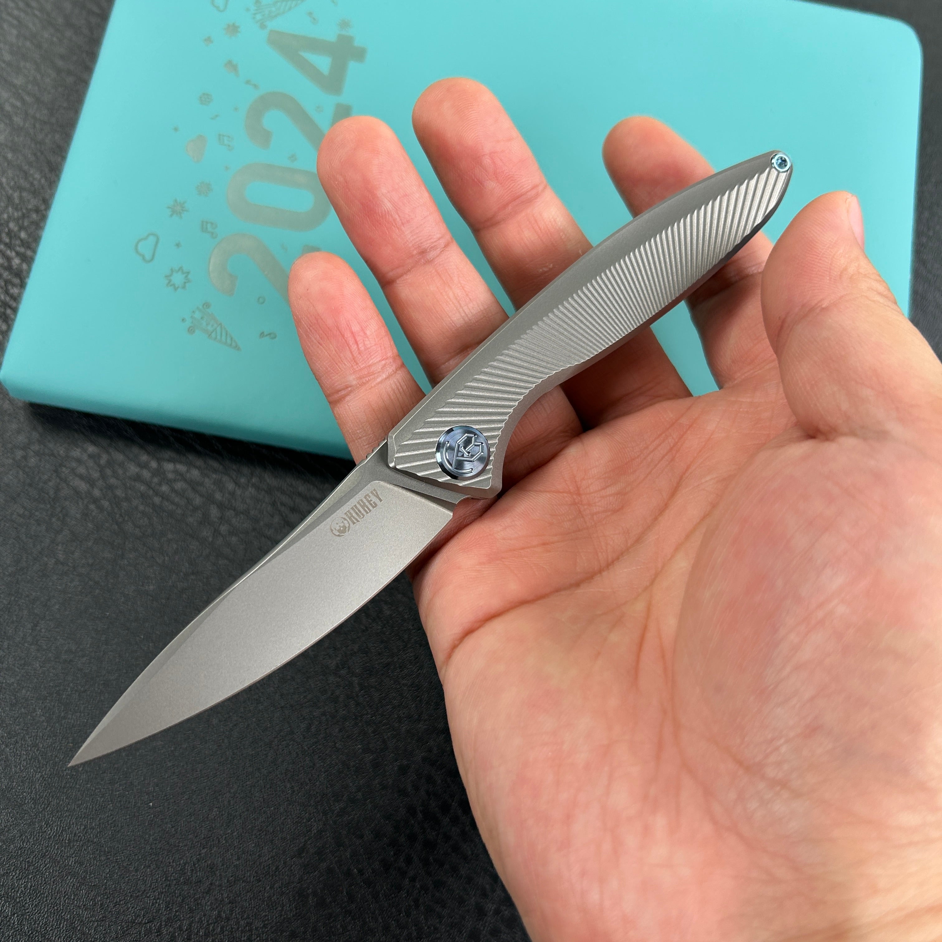 KUBEY  KB2103A Pike Liner Lock Folding Knife Gray CPM-20CV Titanium Handle 2.87" Sand Blasted 6AL4V Titanium