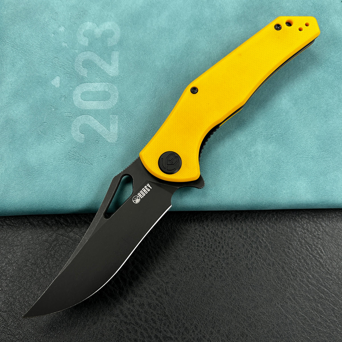 KUBEY KU149E Phemius Liner Lock Folding Pocket Knife Yellow G10 Handle 3.66" Blackwash 14C28N