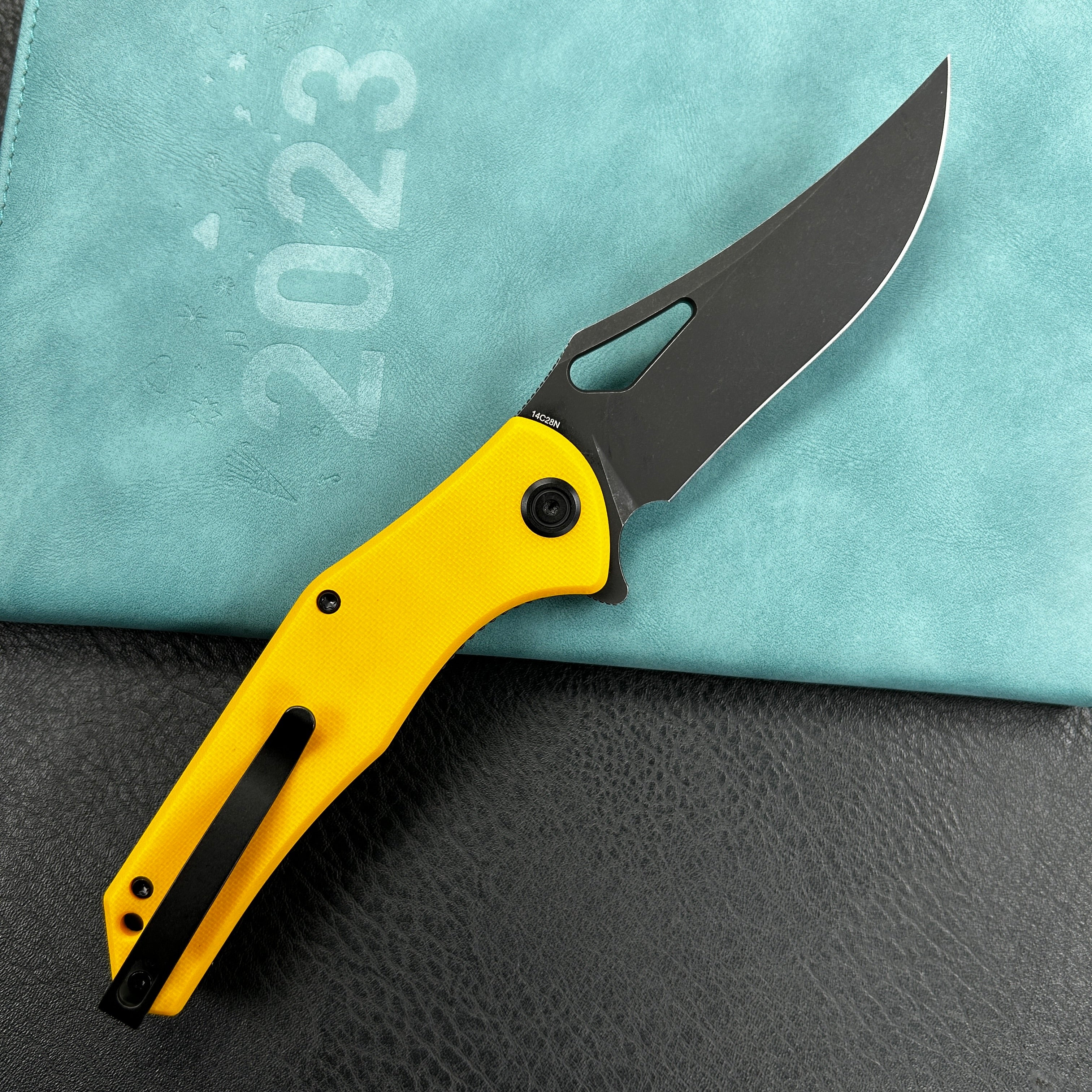 KUBEY KU149E Phemius Liner Lock Folding Pocket Knife Yellow G10 Handle 3.66" Blackwash 14C28N