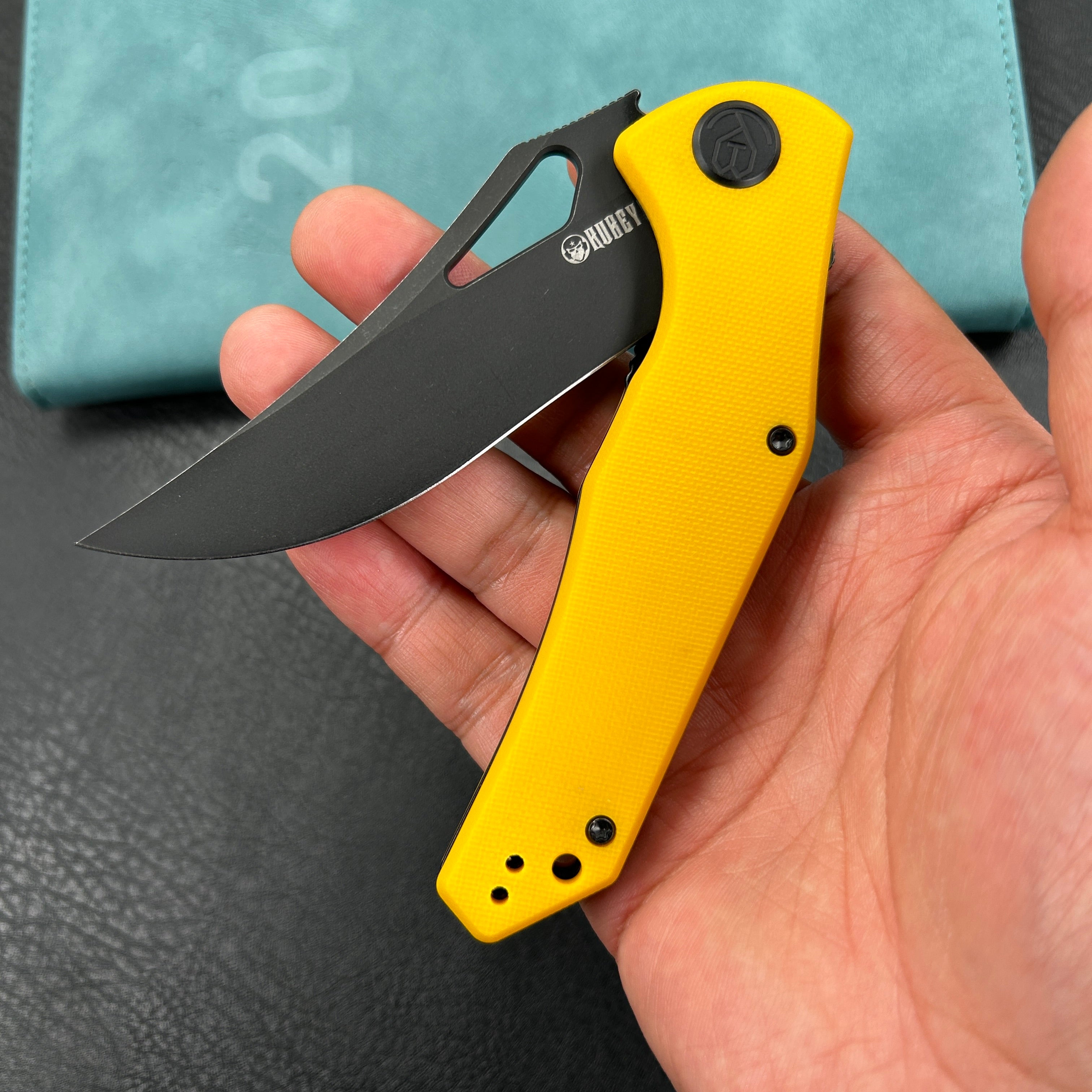 KUBEY KU149E Phemius Liner Lock Folding Pocket Knife Yellow G10 Handle 3.66" Blackwash 14C28N