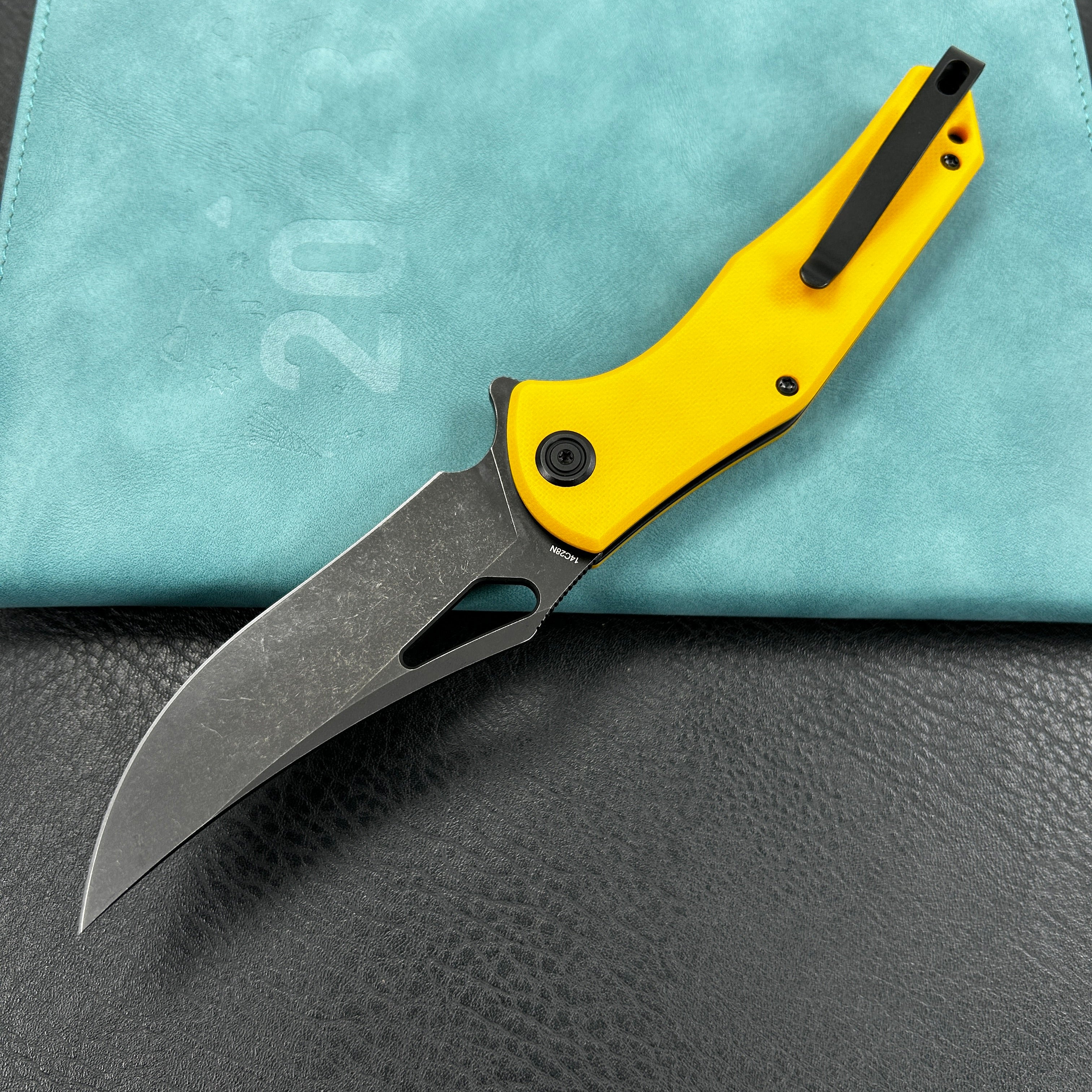 KUBEY KU149E Phemius Liner Lock Folding Pocket Knife Yellow G10 Handle 3.66" Blackwash 14C28N