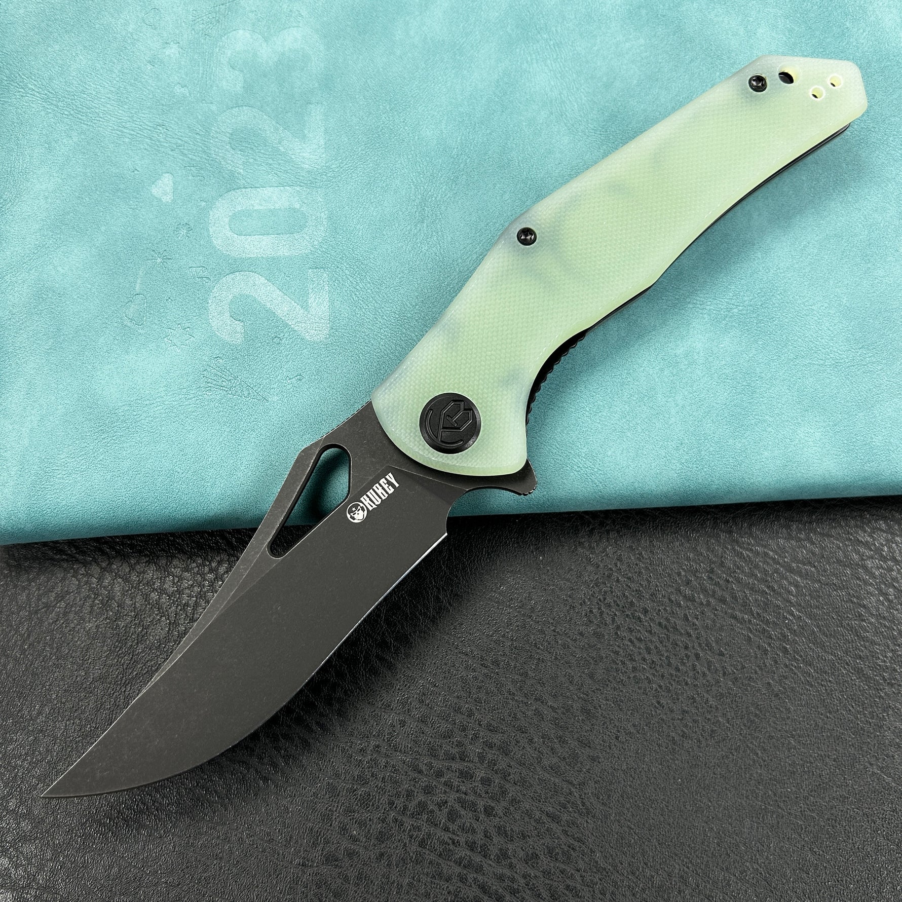 KUBEY KU149H Phemius Liner Lock Folding Pocket Knife Jade G10 Handle 3.66" Blackwash 14C28N
