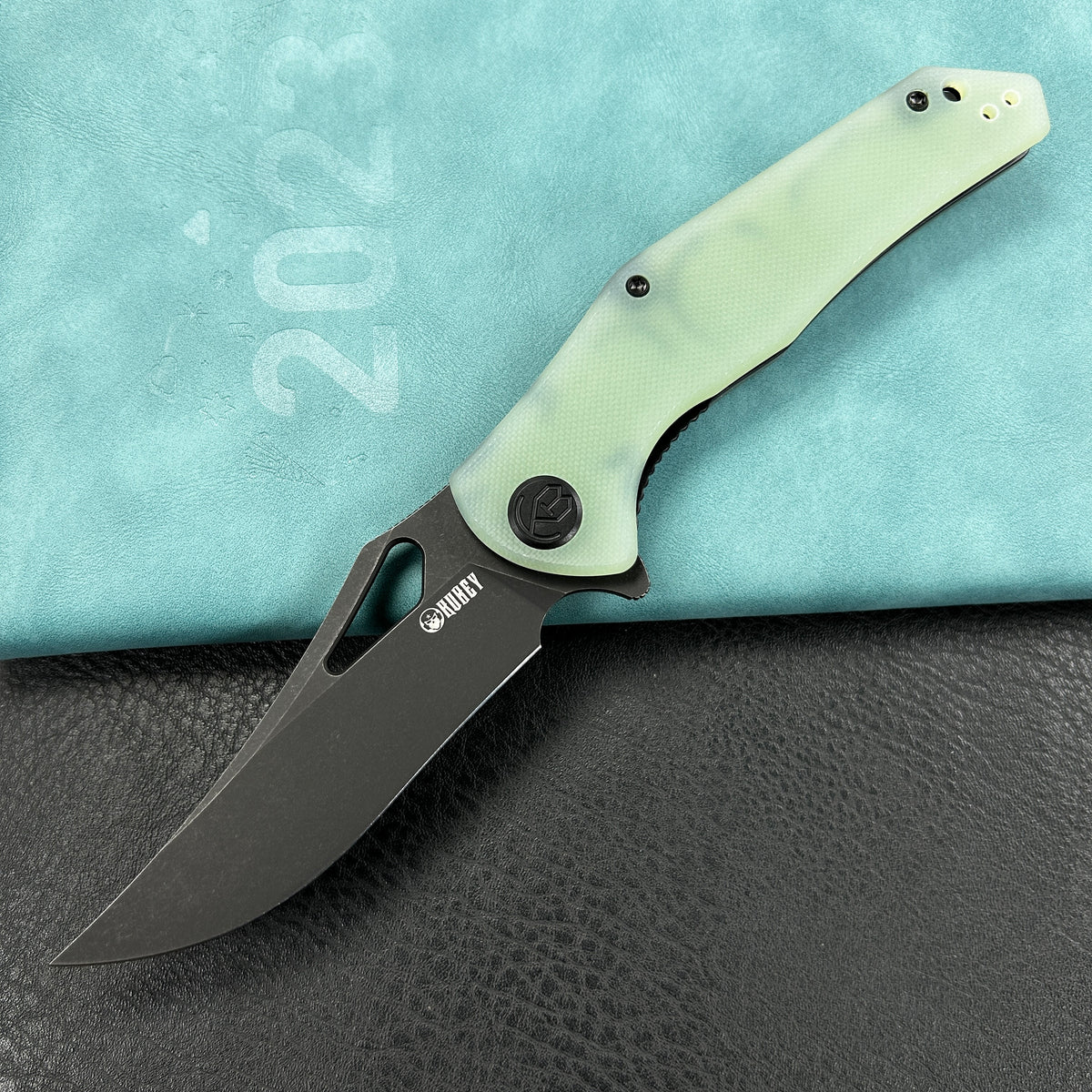 KUBEY KU149H Phemius Liner Lock Folding Pocket Knife Jade G10 Handle 3.66" Blackwash 14C28N