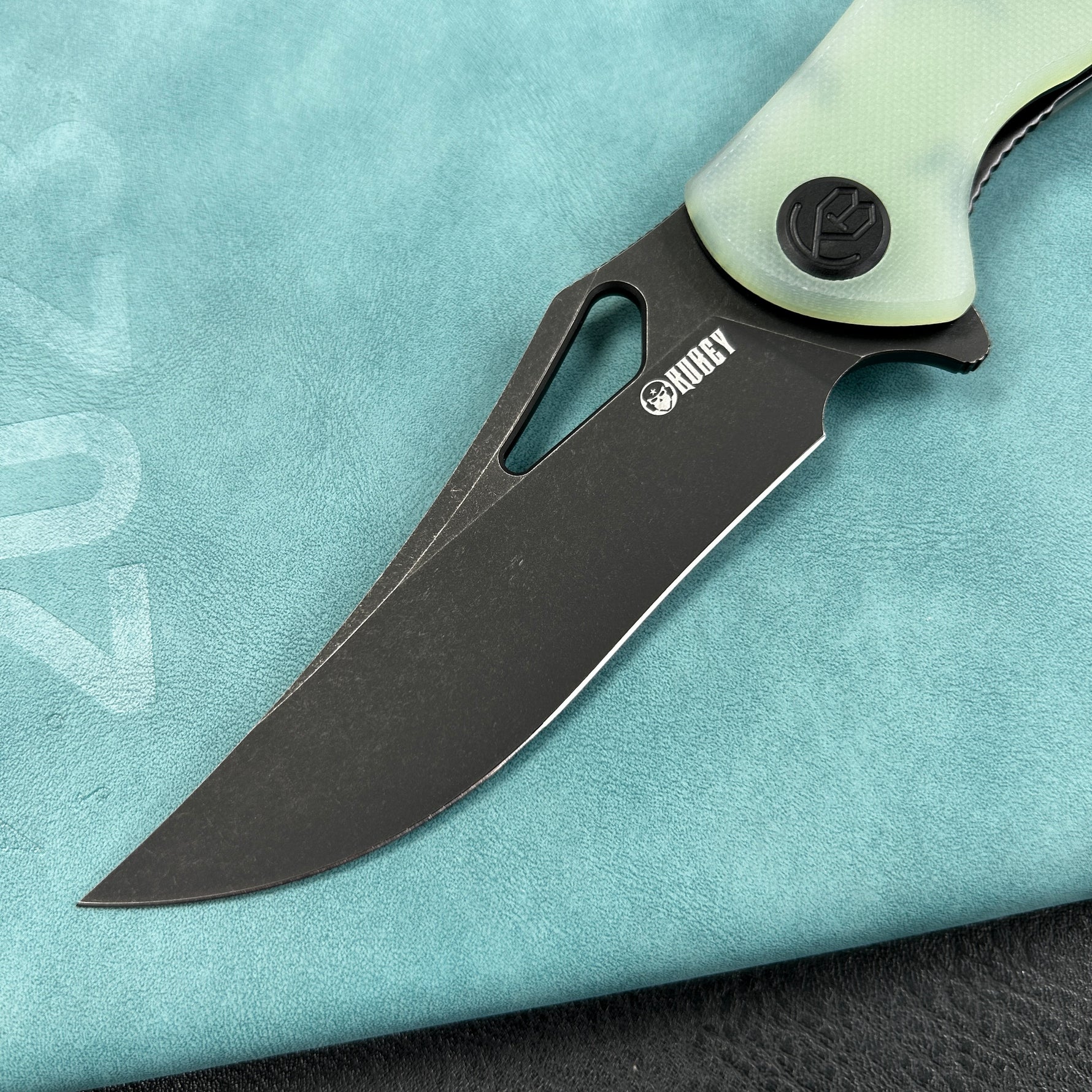 KUBEY KU149H Phemius Liner Lock Folding Pocket Knife Jade G10 Handle 3.66" Blackwash 14C28N