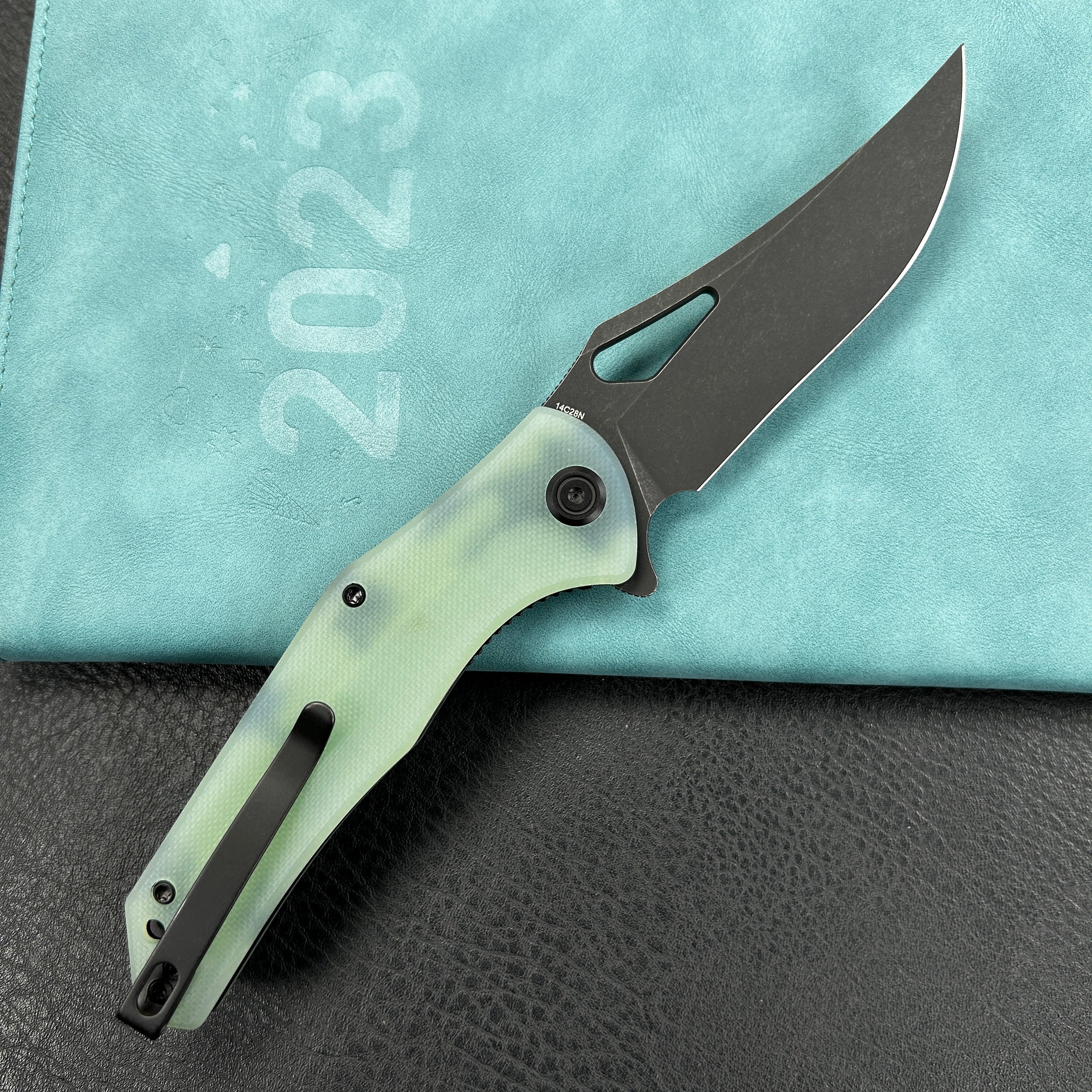 KUBEY KU149H Phemius Liner Lock Folding Pocket Knife Jade G10 Handle 3.66" Blackwash 14C28N