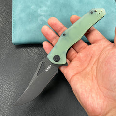 KUBEY KU149H Phemius Liner Lock Folding Pocket Knife Jade G10 Handle 3.66" Blackwash 14C28N