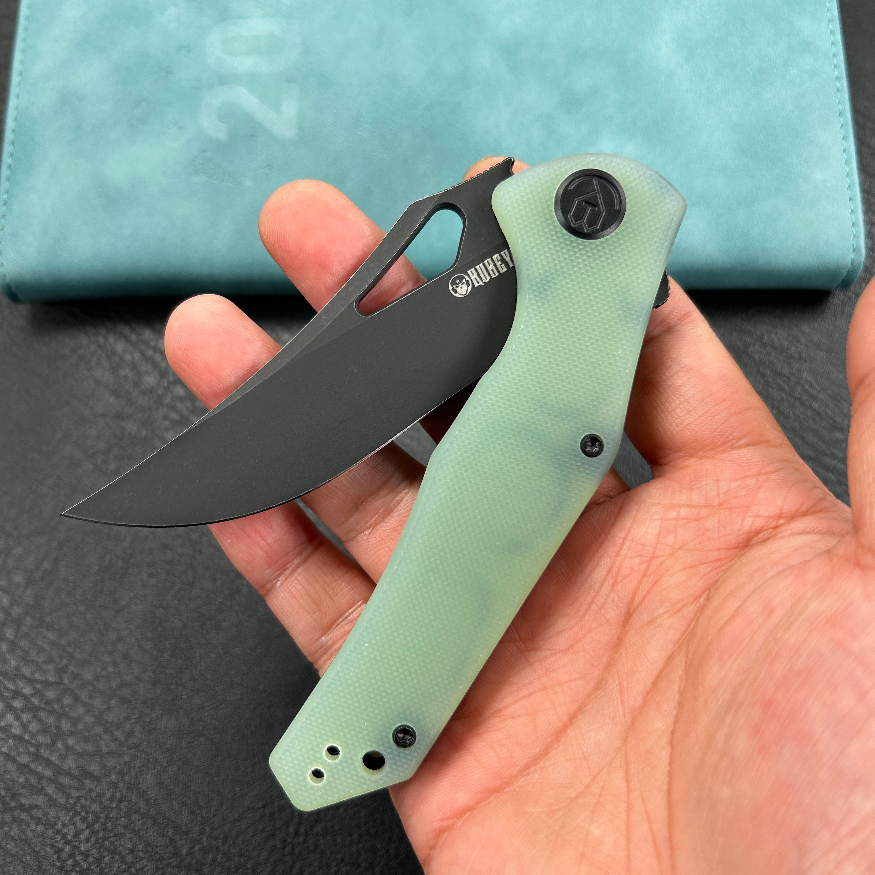 KUBEY KU149H Phemius Liner Lock Folding Pocket Knife Jade G10 Handle 3.66" Blackwash 14C28N