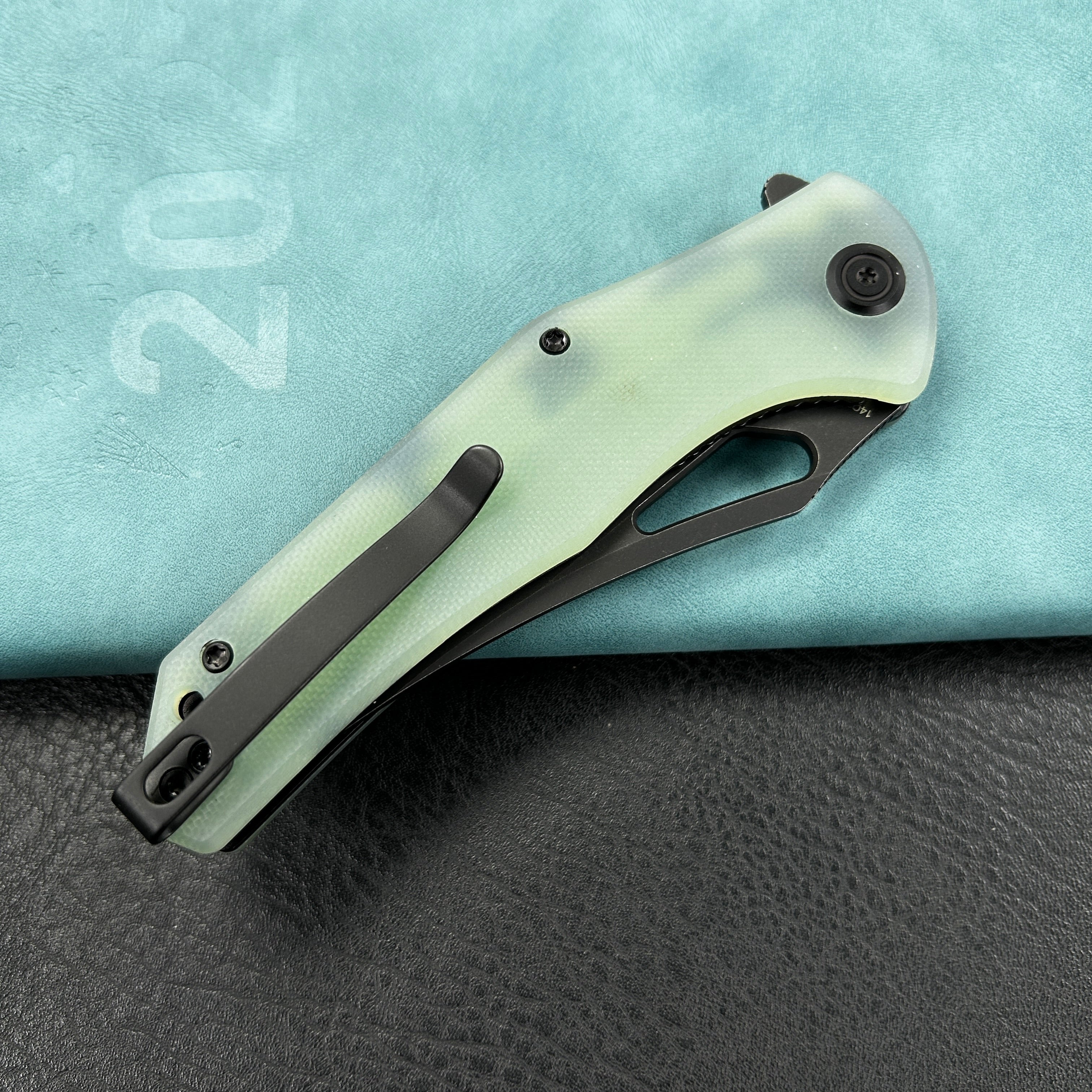 KUBEY KU149H Phemius Liner Lock Folding Pocket Knife Jade G10 Handle 3.66" Blackwash 14C28N