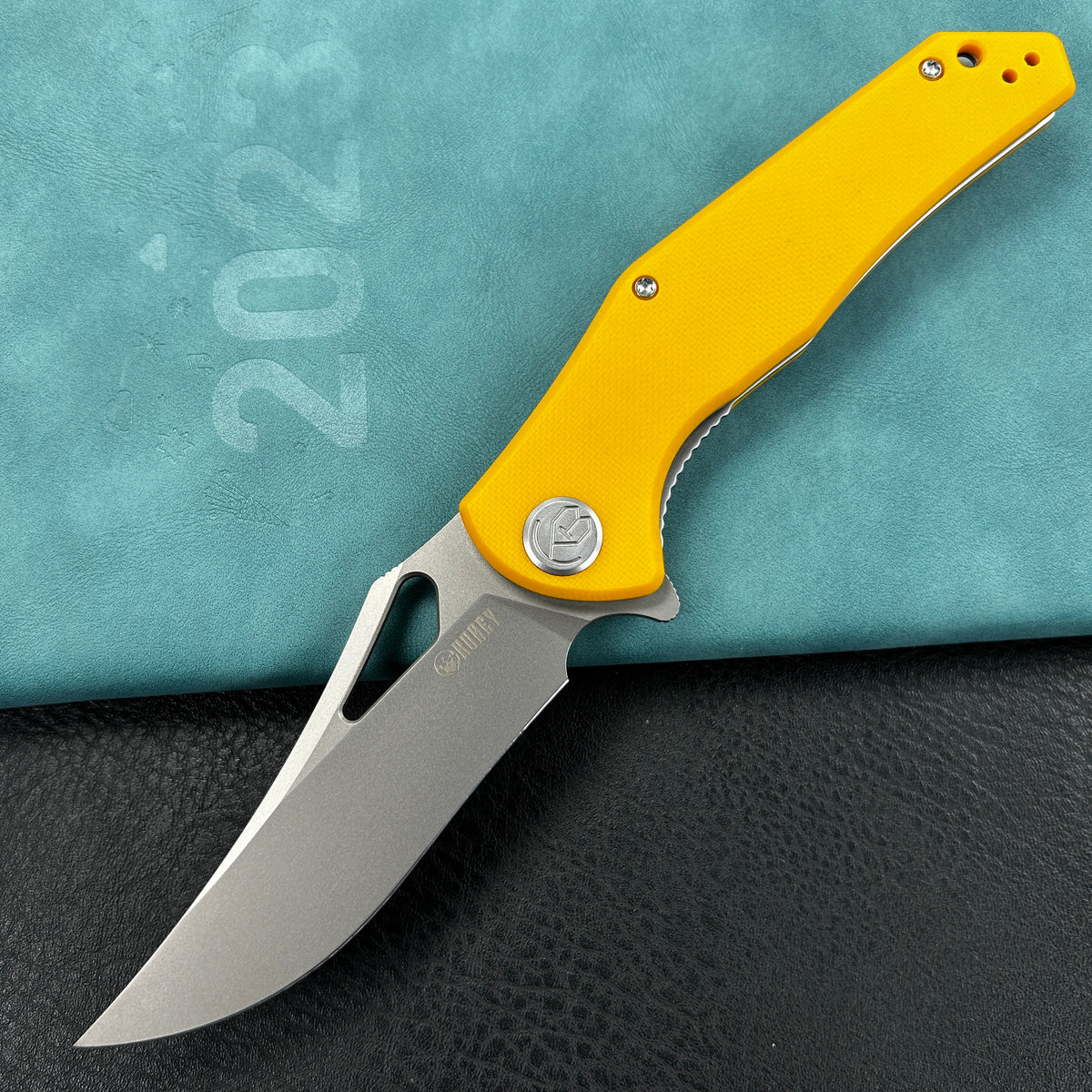 KUBEY KU149G Phemius Liner Lock Folding Pocket Knife Yellow G10 Handle 3.66" Sandblast 14C28N