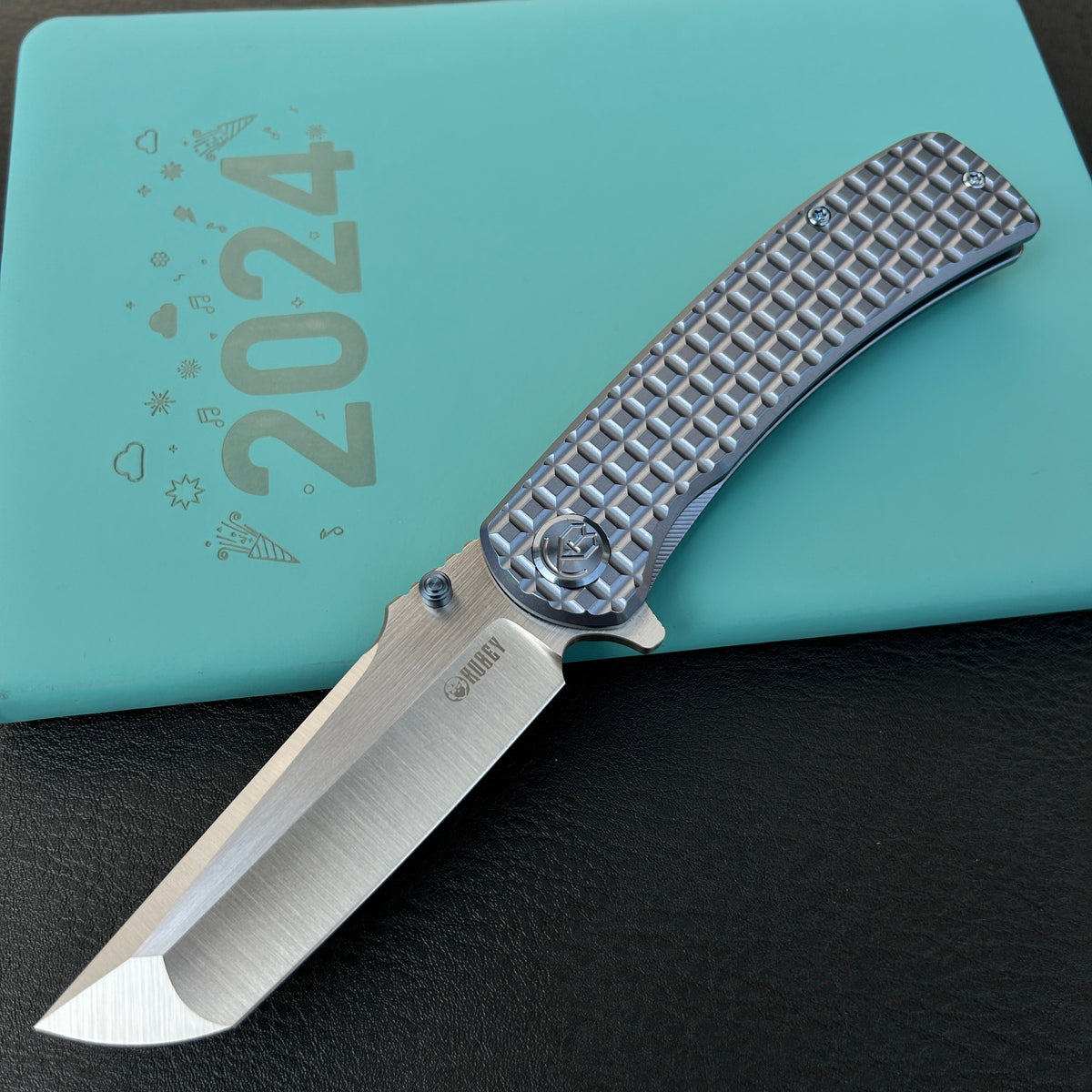 KUBEY KB294B Interflow Tactical Folding Knife Flipper Folder Blue Titanium Handle 3.50" Belt Satin Bohler M390 Blade