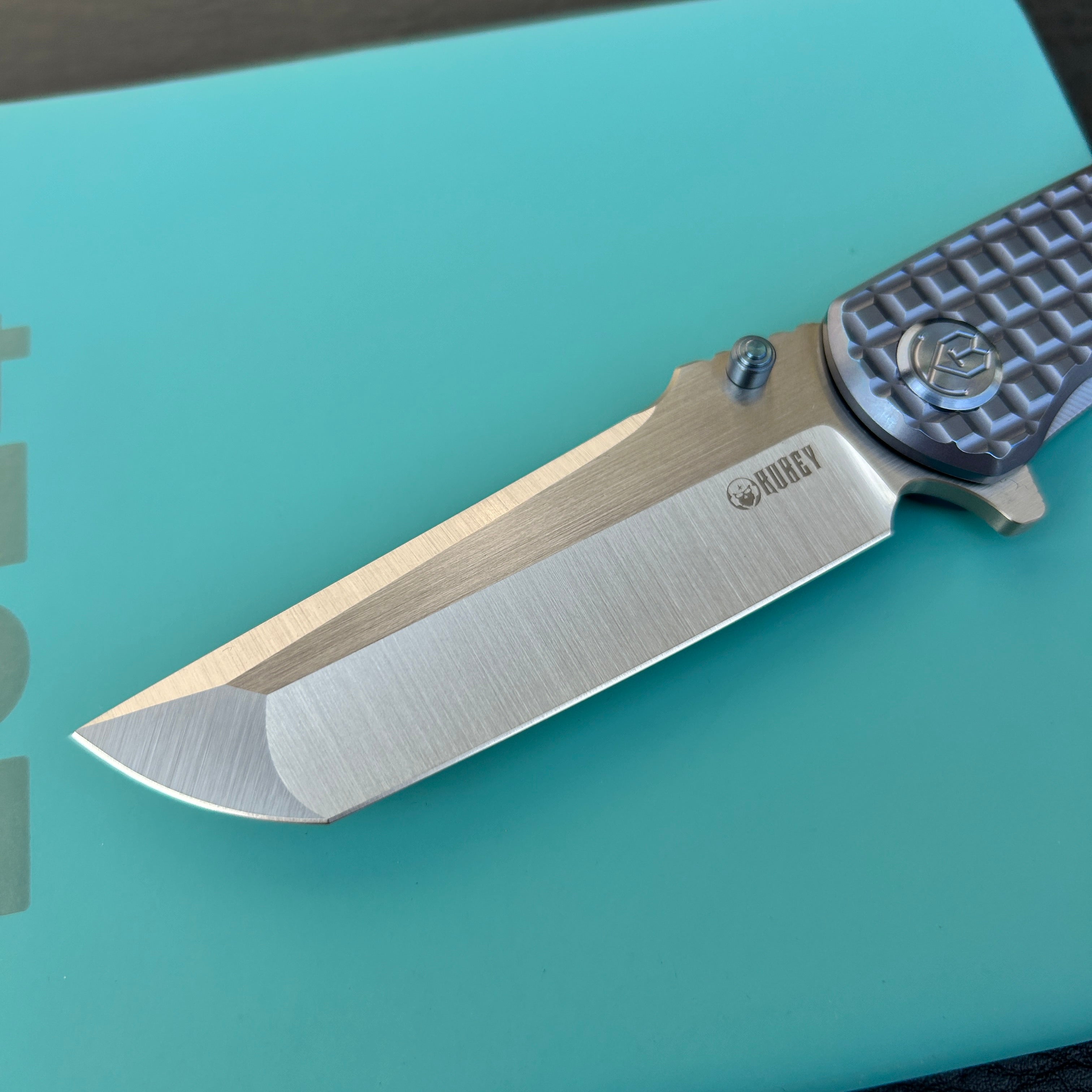 KUBEY KB294B Interflow Tactical Folding Knife Flipper Folder Blue Titanium Handle 3.50" Belt Satin Bohler M390 Blade