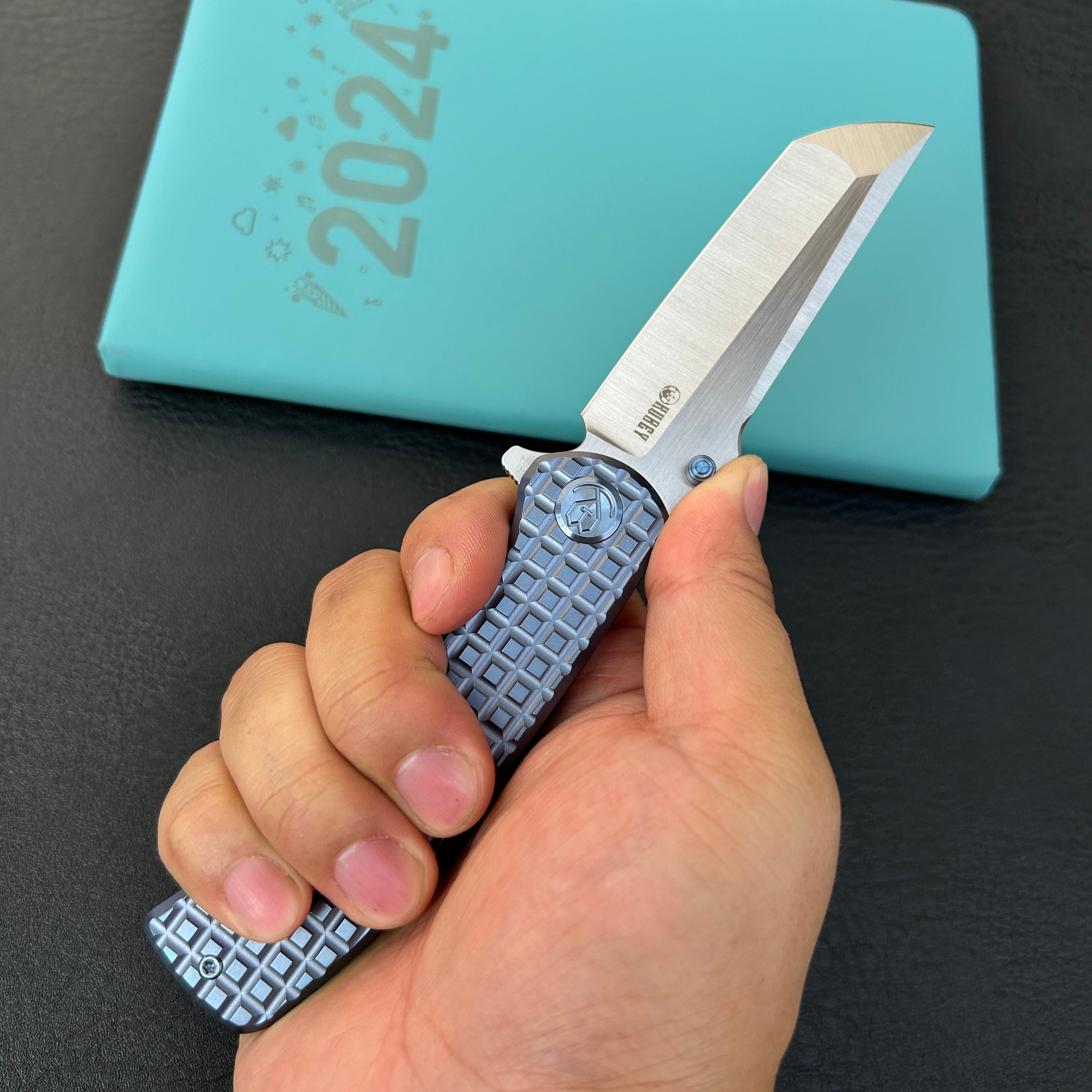 KUBEY KB294B Interflow Tactical Folding Knife Flipper Folder Blue Titanium Handle 3.50" Belt Satin Bohler M390 Blade