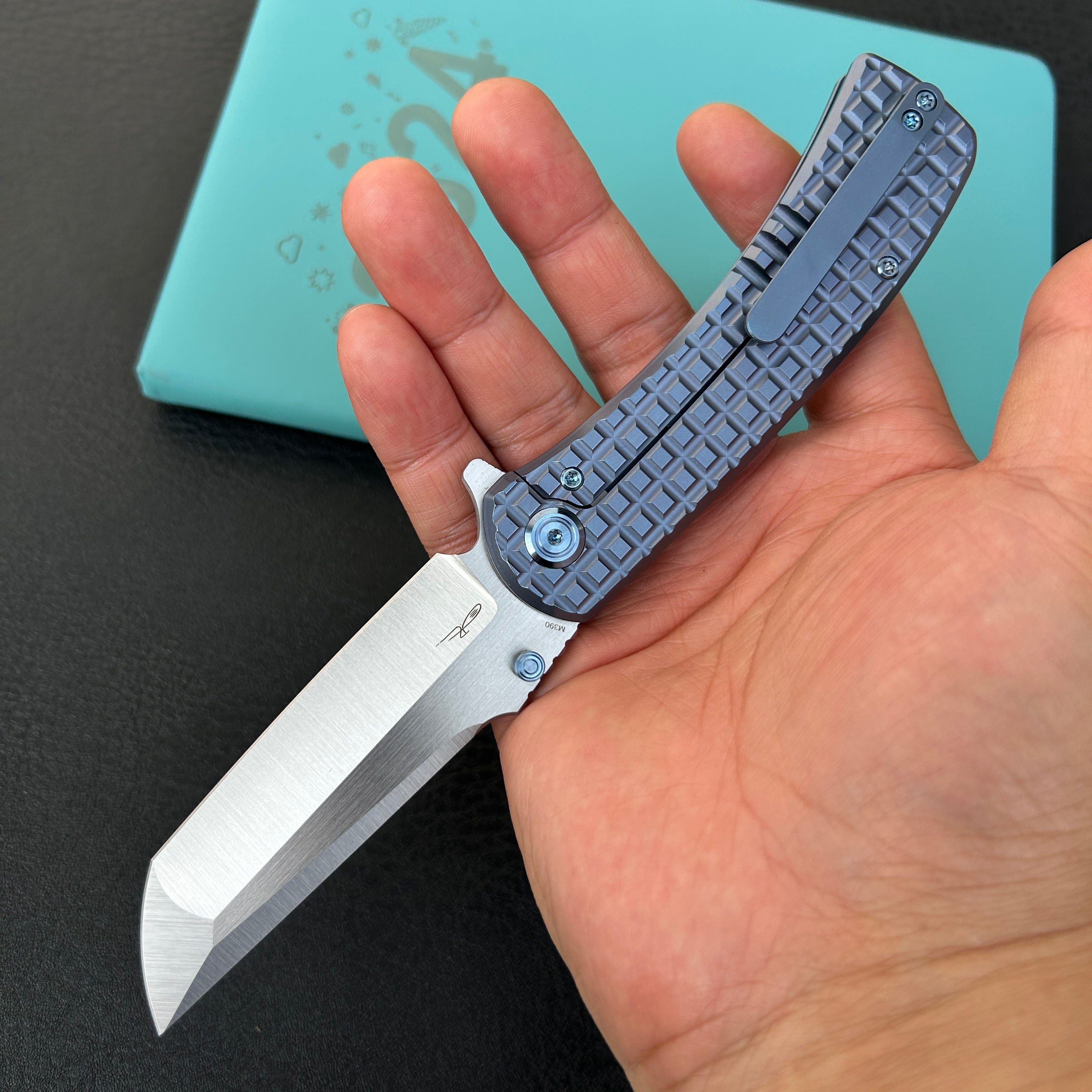 KUBEY KB294B Interflow Tactical Folding Knife Flipper Folder Blue Titanium Handle 3.50" Belt Satin Bohler M390 Blade