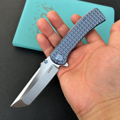 KUBEY KB294B Interflow Tactical Folding Knife Flipper Folder Blue Titanium Handle 3.50" Belt Satin Bohler M390 Blade