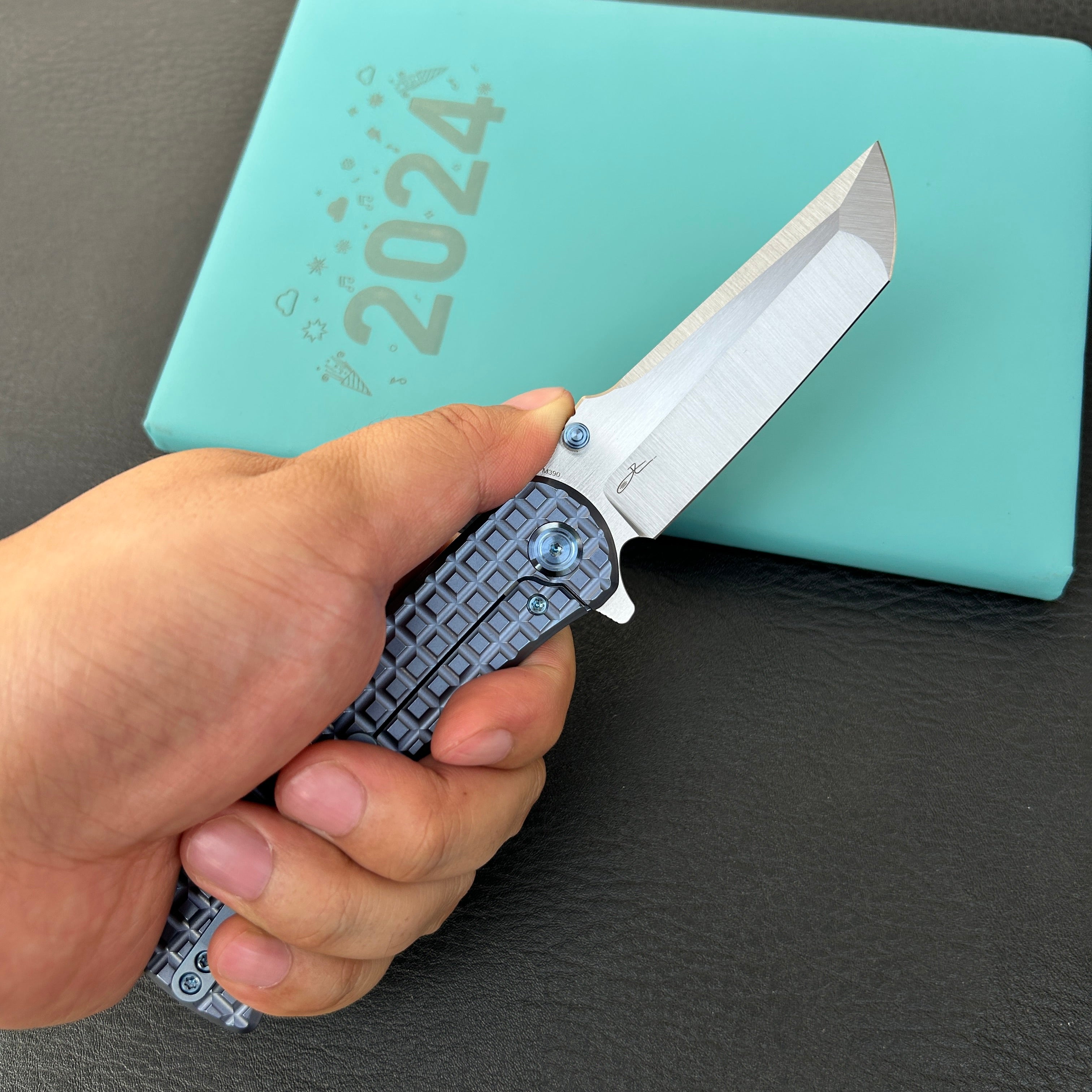 KUBEY KB294B Interflow Tactical Folding Knife Flipper Folder Blue Titanium Handle 3.50" Belt Satin Bohler M390 Blade