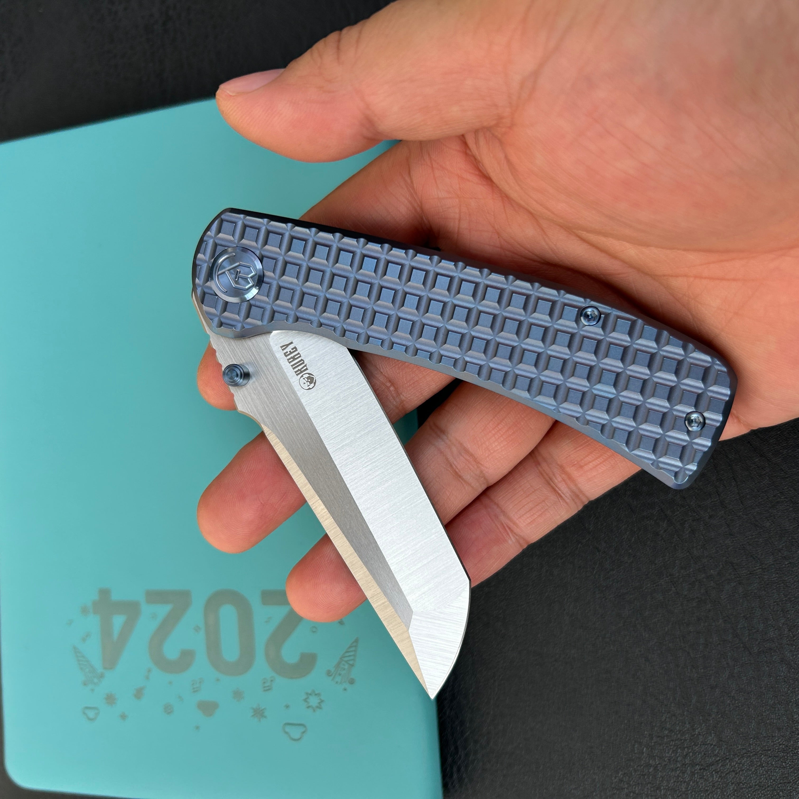 KUBEY KB294B Interflow Tactical Folding Knife Flipper Folder Blue Titanium Handle 3.50" Belt Satin Bohler M390 Blade