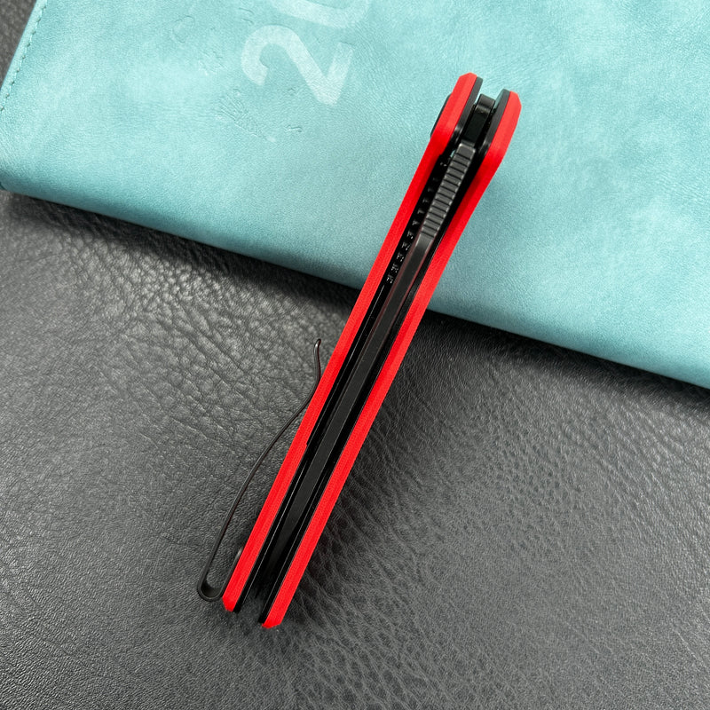 KUBEY KU149F Phemius Liner Lock Folding Pocket Knife Red G10 Handle 3.66" Blackwash 14C28N