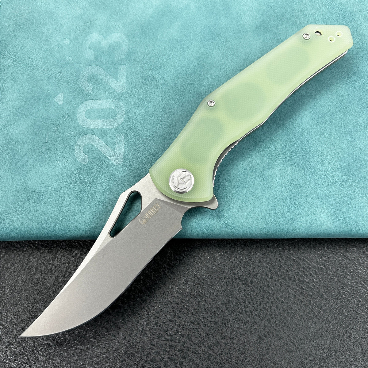 KUBEY KU149D Phemius Liner Lock Folding Pocket Knife Jade G10 Handle 3.66" Sandblast 14C28N